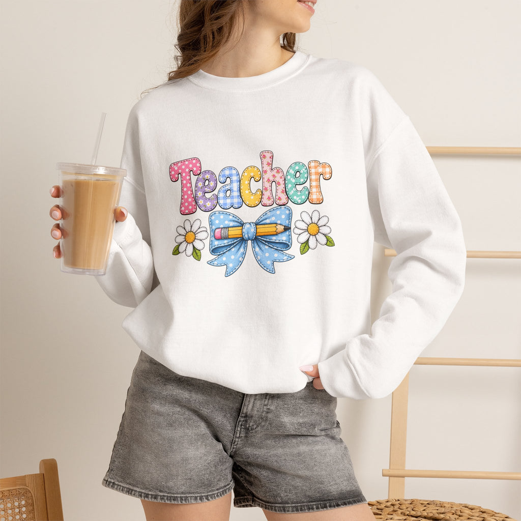 Teacher Floral Bow Sweatshirt — Cute Pastel Gift for Teachers Appreciation Crewneck