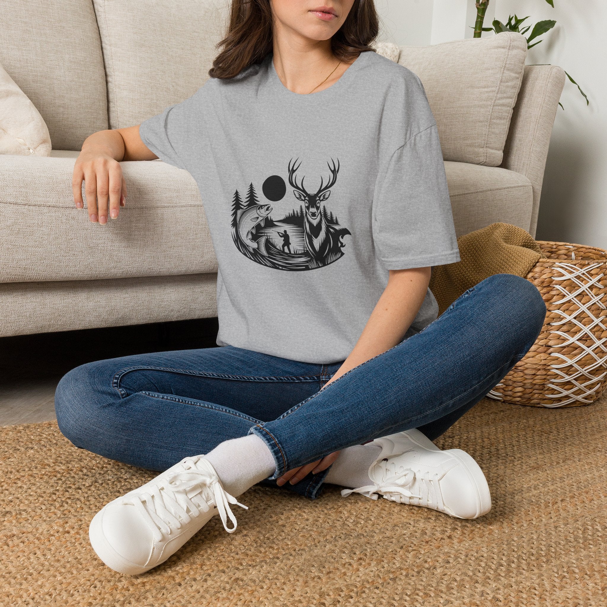 Deer & Fish Forest Silhouette T-Shirt — Rustic Outdoor Gift for Hunters Graphic Tee