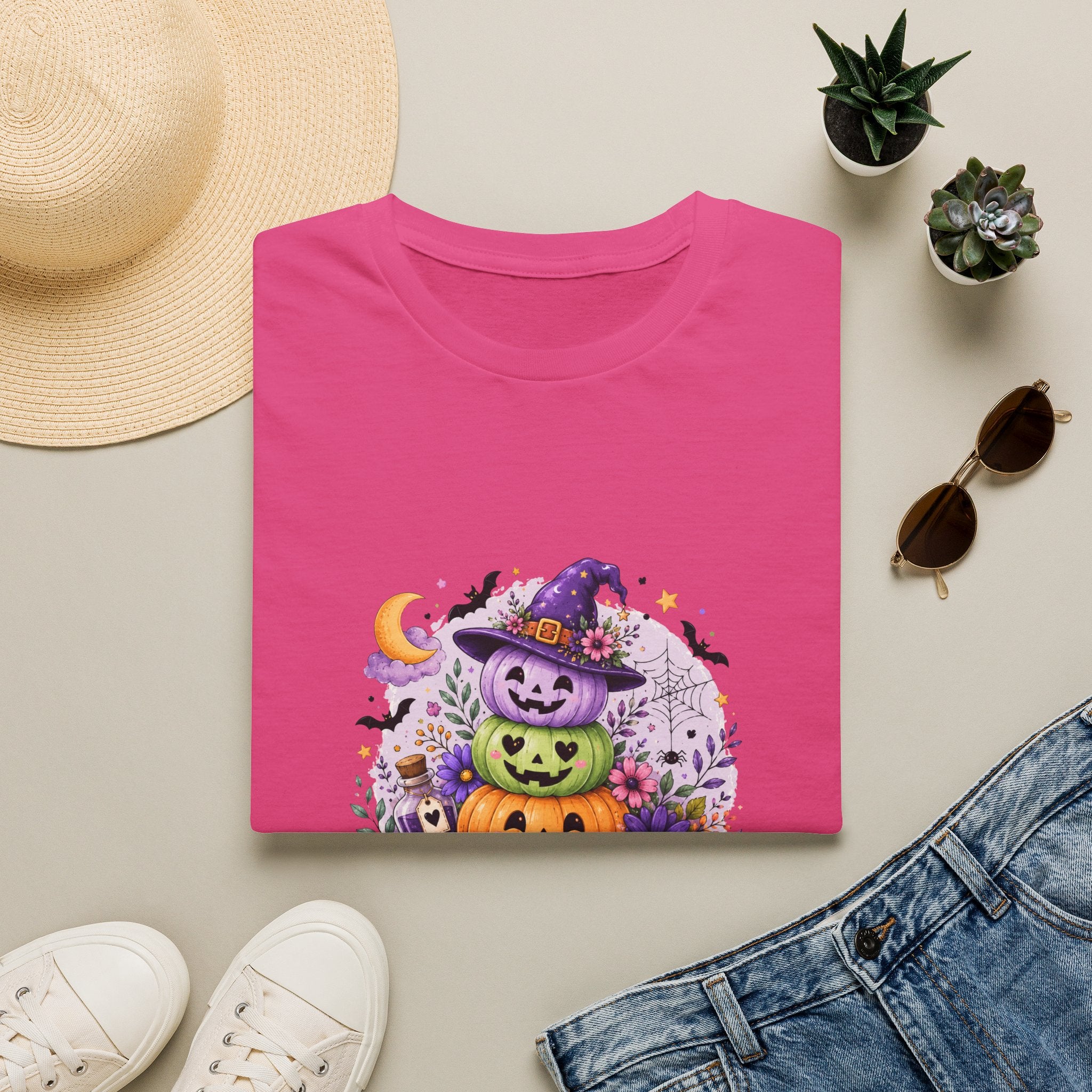 Spooky Season Pumpkin Stack T-Shirt — Cute Halloween Gift for Women Witch Hat Tee