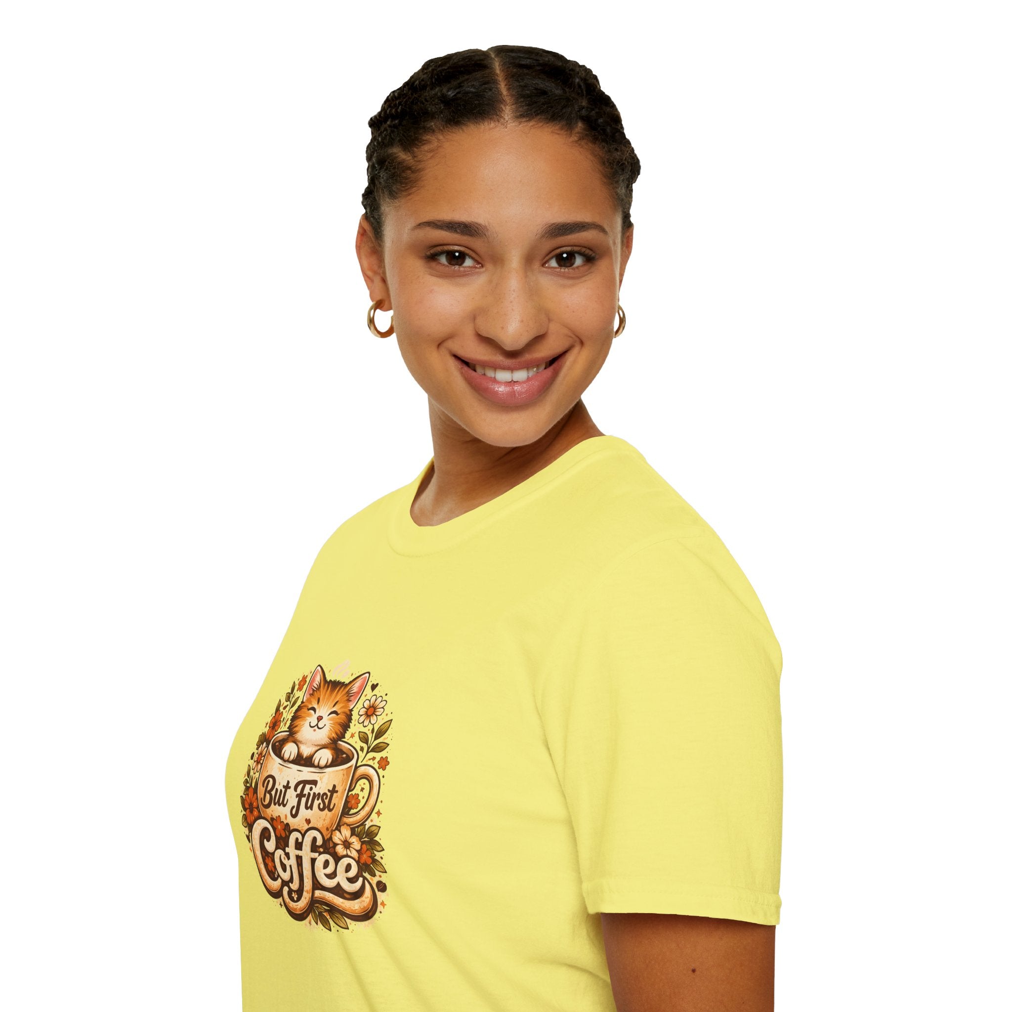 But First Coffee Cat T-Shirt — Cute Floral Gift for Coffee Lovers Women's Tee