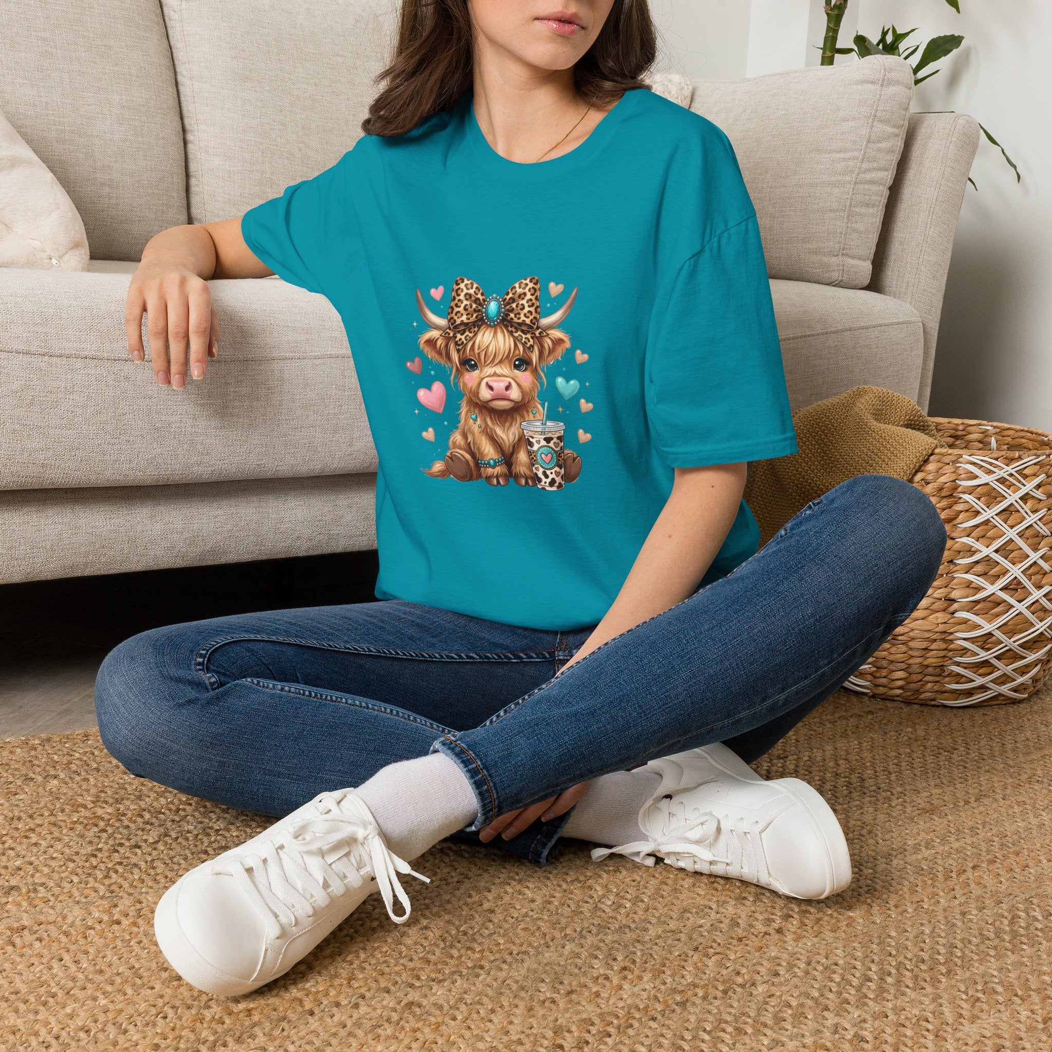 Highland Cow Leopard Bow T-Shirt — Cute Funny Gift for Her Hearts Graphic Tee