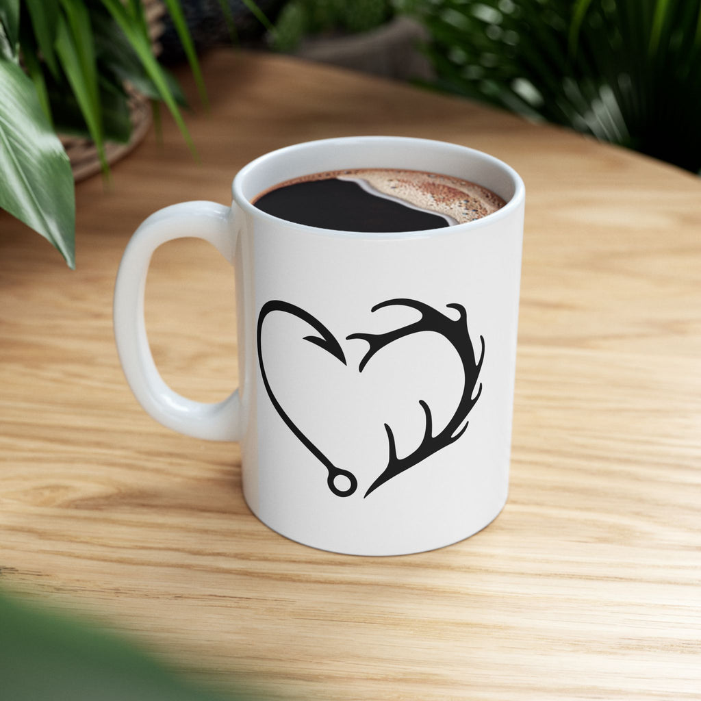Antler Heart Ceramic Mug — Rustic Deer & Fishing Hook Gift for Him Coffee Cup 11oz 15oz