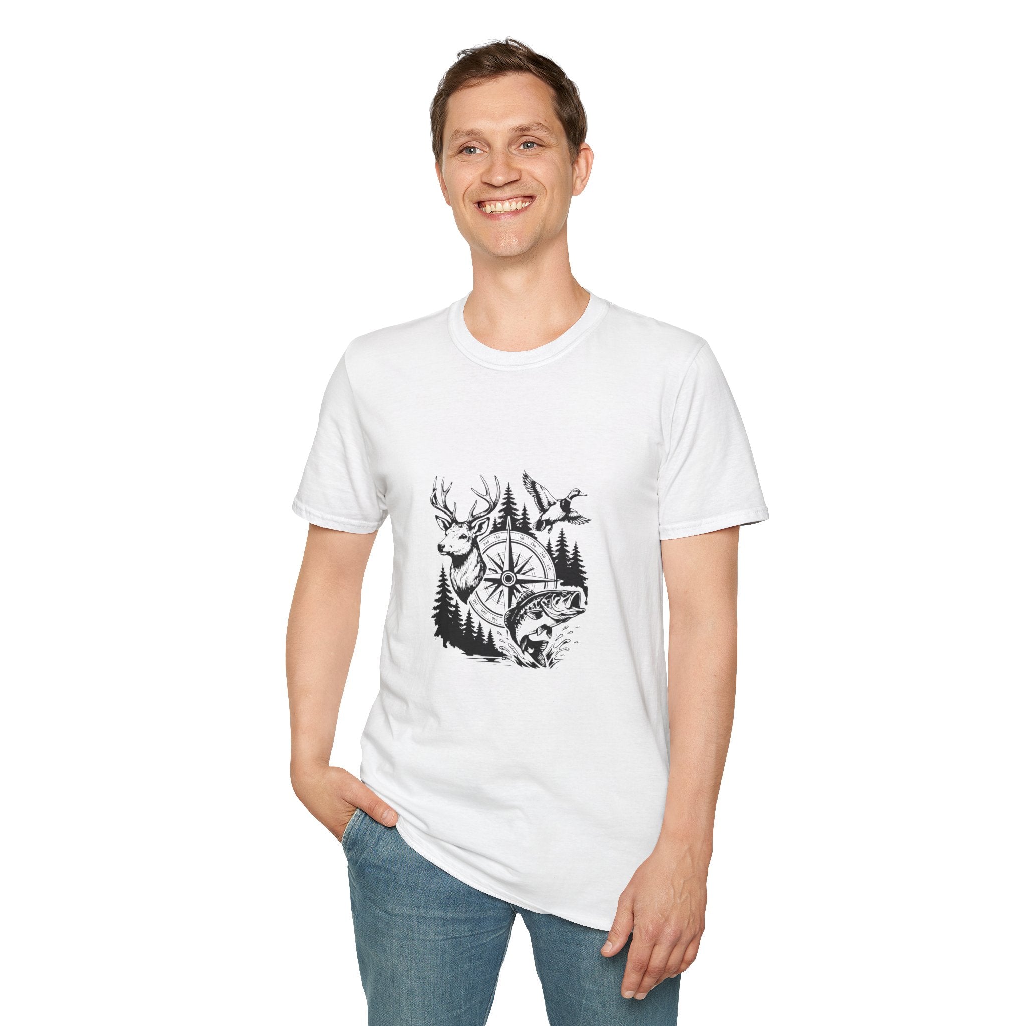 Outdoor Wildlife Compass T-Shirt — Deer Duck & Fish Nature Gift for Hunters