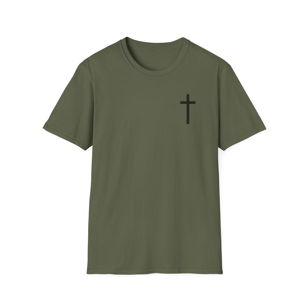Man of Faith Rooted in Christ T-Shirt — Christian Gift for Him Flag & Cross Back Print Graphic Tee