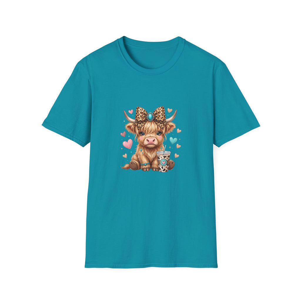 Highland Cow Leopard Bow T-Shirt — Cute Funny Gift for Her Hearts Graphic Tee
