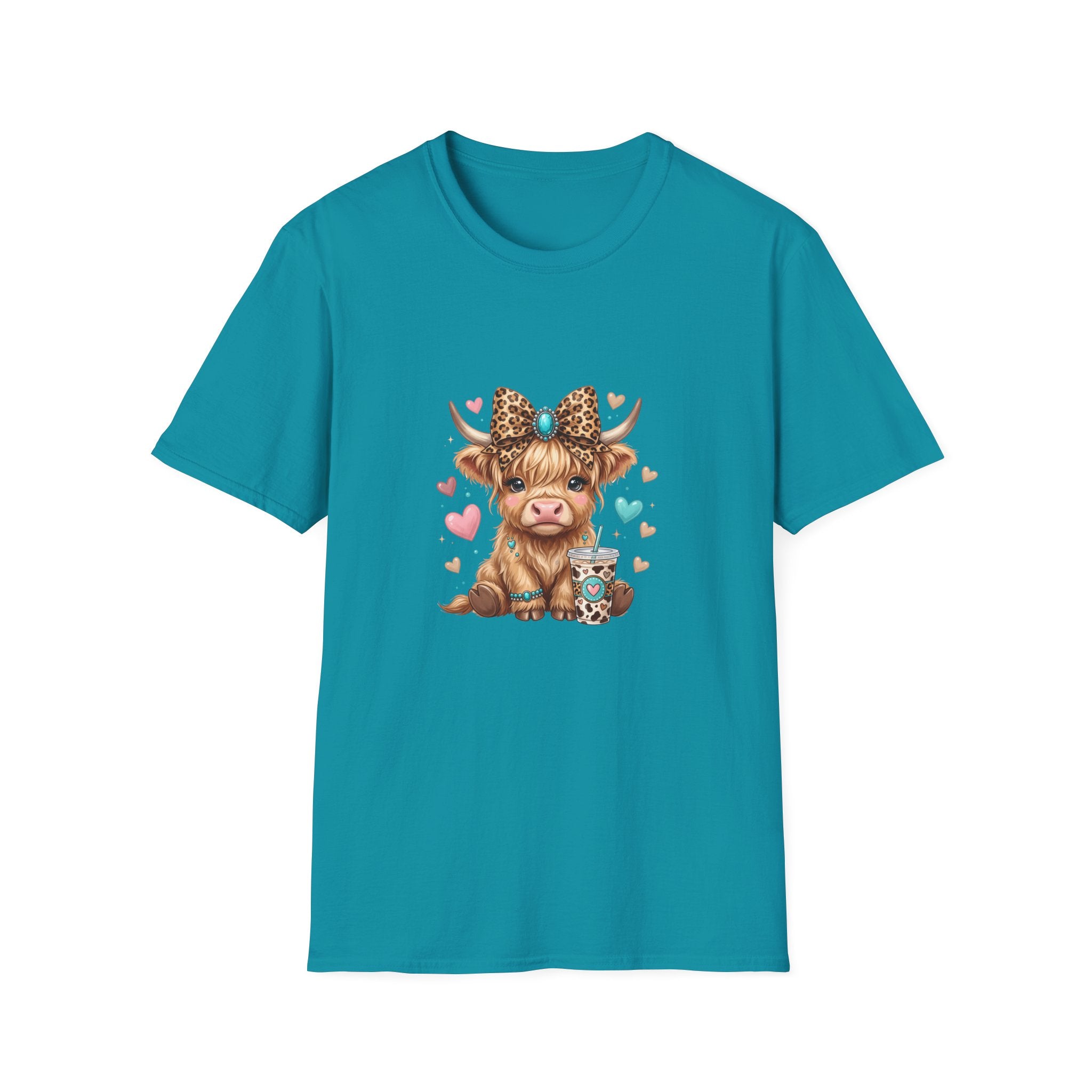 Highland Cow Leopard Bow T-Shirt — Cute Funny Gift for Her Hearts Graphic Tee