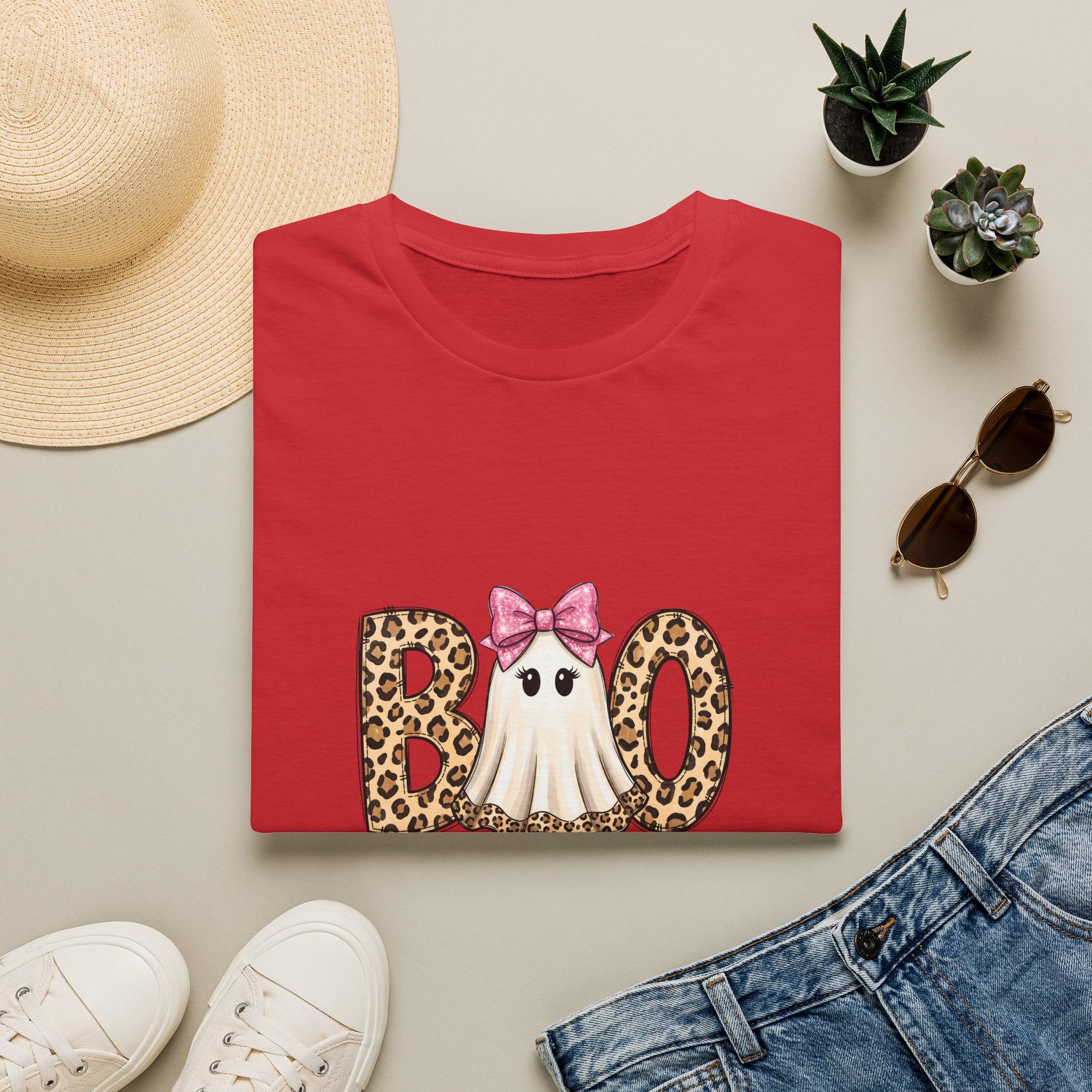Boo Leopard Ghost T-Shirt — Cute Pink Bow Halloween Gift for Women Graphic Tee
