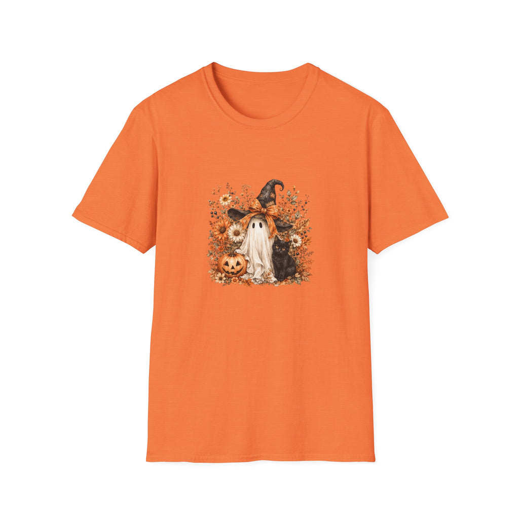 Halloween Witch Ghost & Cat T-Shirt — Cute Spooky Gift for Women Fall Floral Tee