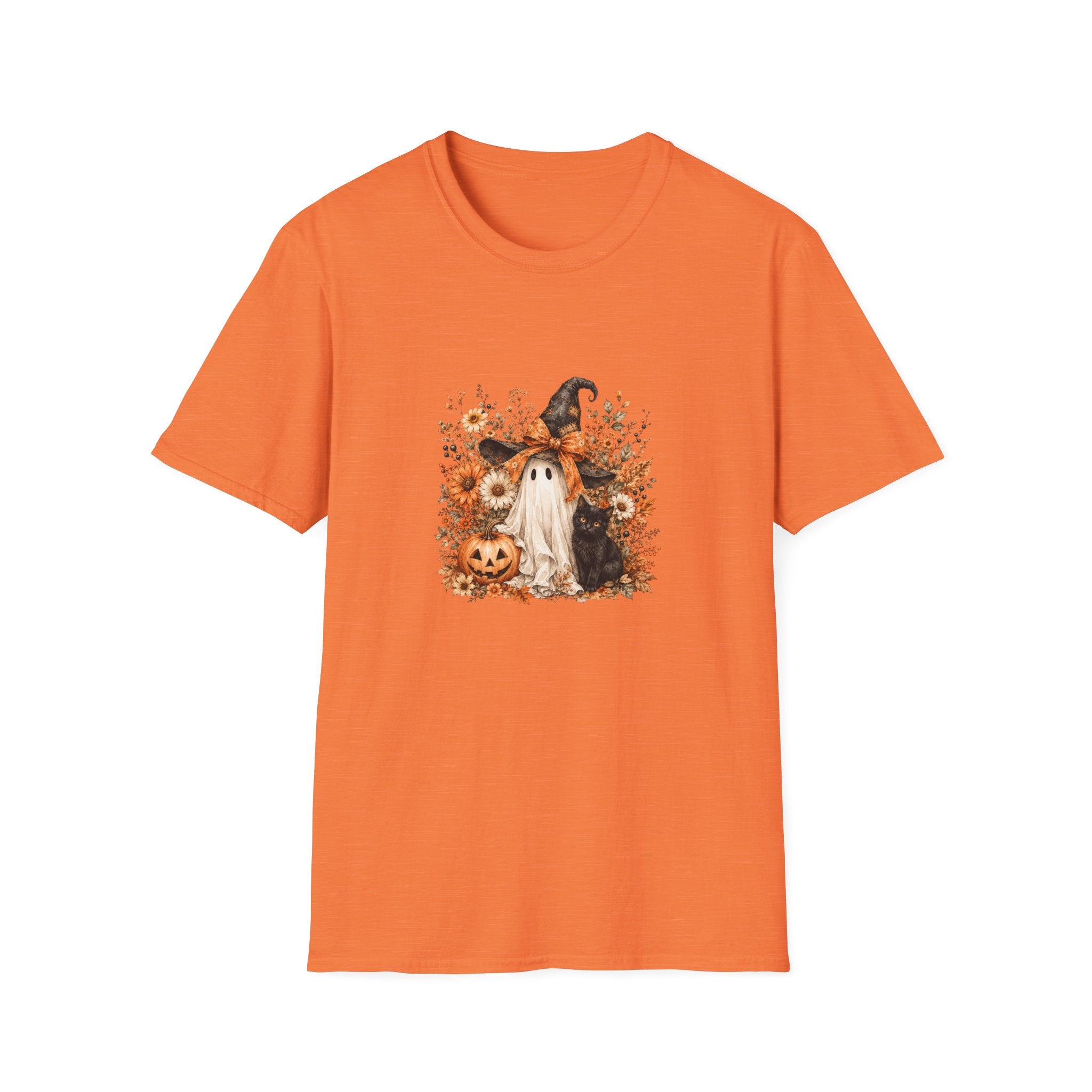 Halloween Witch Ghost & Cat T-Shirt — Cute Spooky Gift for Women Fall Floral Tee
