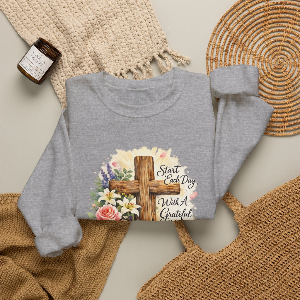 Christian Crewneck Sweatshirt — "Start Each Day with a Grateful Heart" Floral Cross