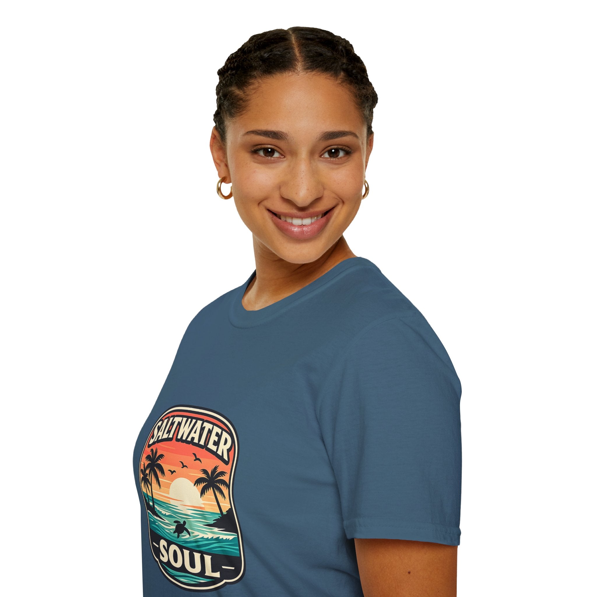 Saltwater Soul Retro Beach T-Shirt — Cute Coastal Gift for Women Sunset Palm Tee