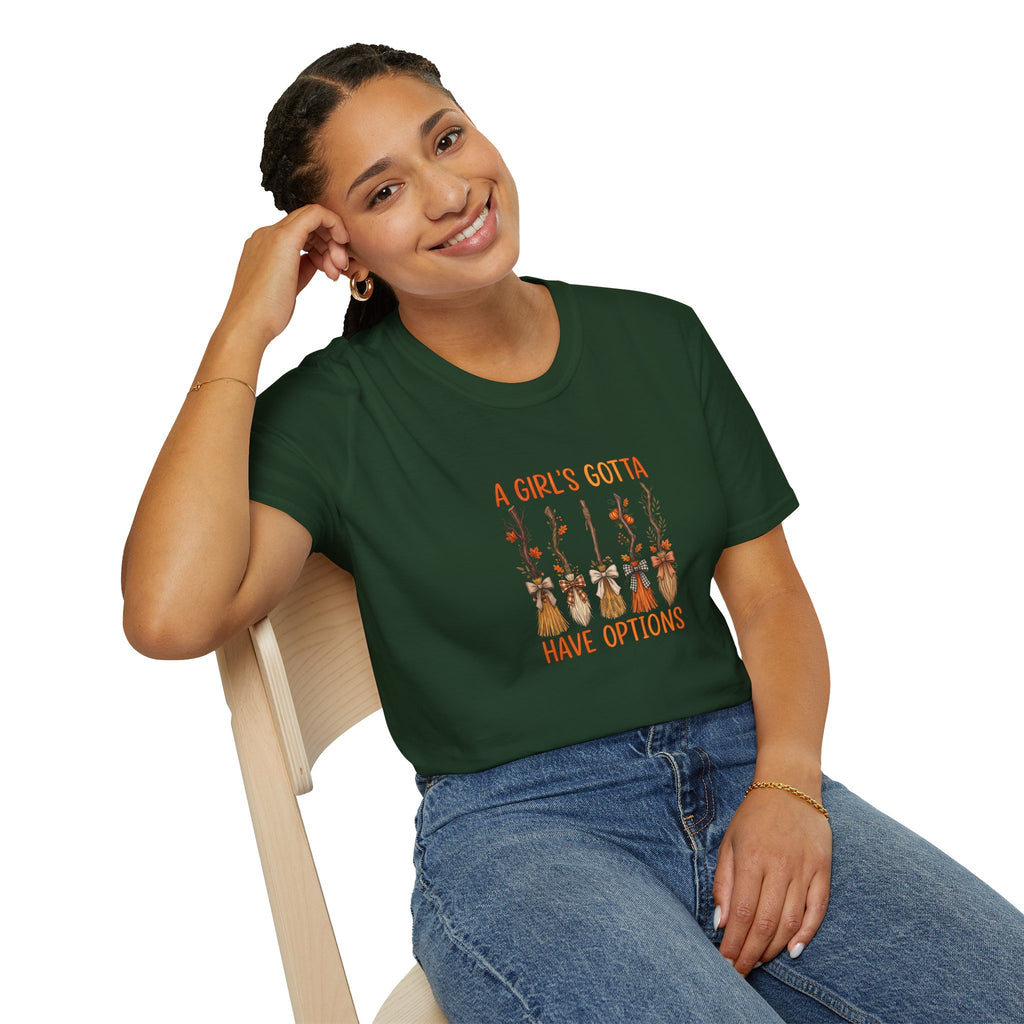 A Girl's Gotta Have Options Witch Brooms T-Shirt — Funny Halloween Gift for Women
