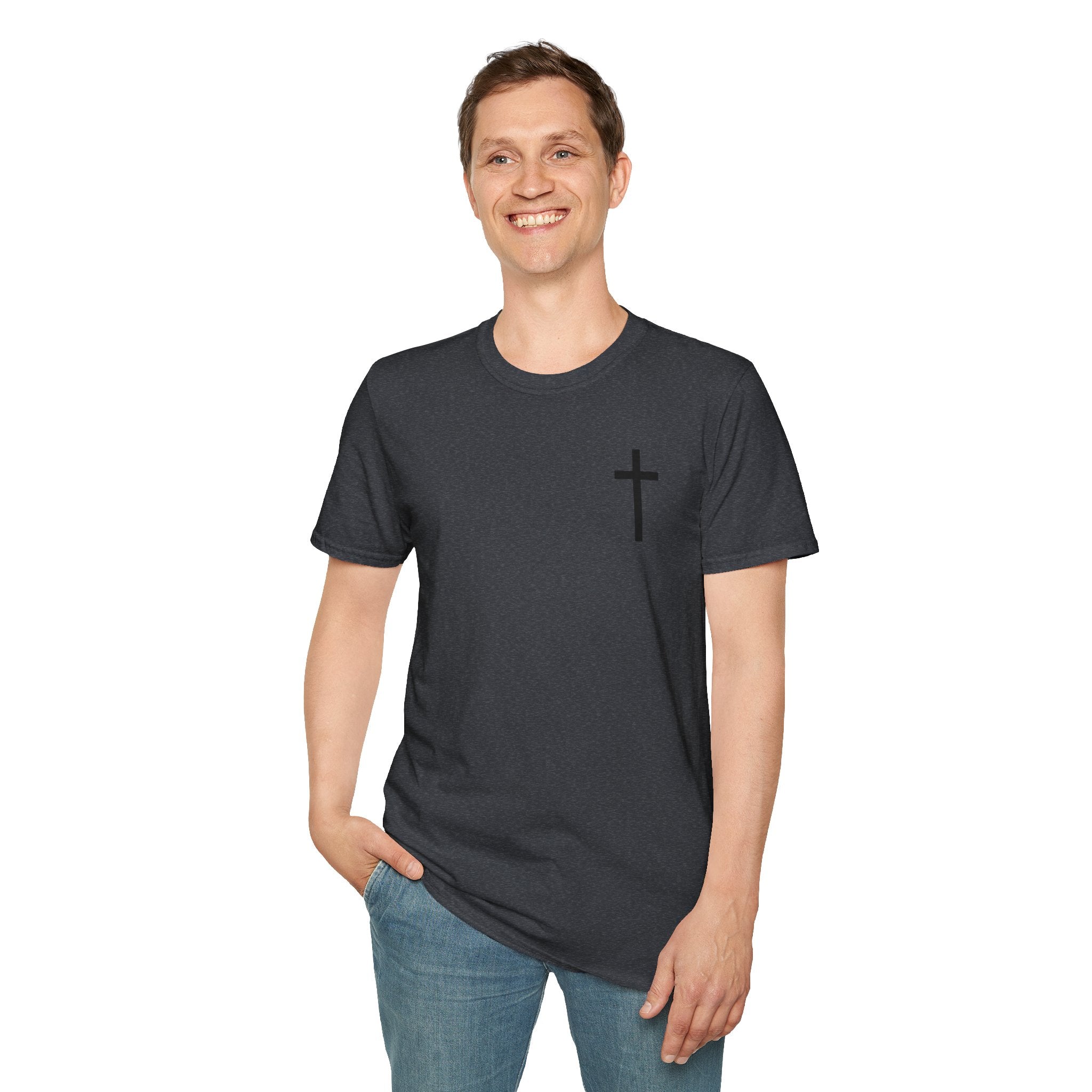 Man of Faith Rooted in Christ T-Shirt — Christian Gift for Him Flag & Cross Back Print Graphic Tee