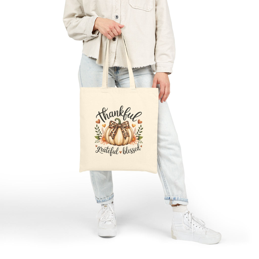 Thankful Grateful Blessed Pumpkin Tote Bag — Cute Fall Gift for Women Canvas Shopper