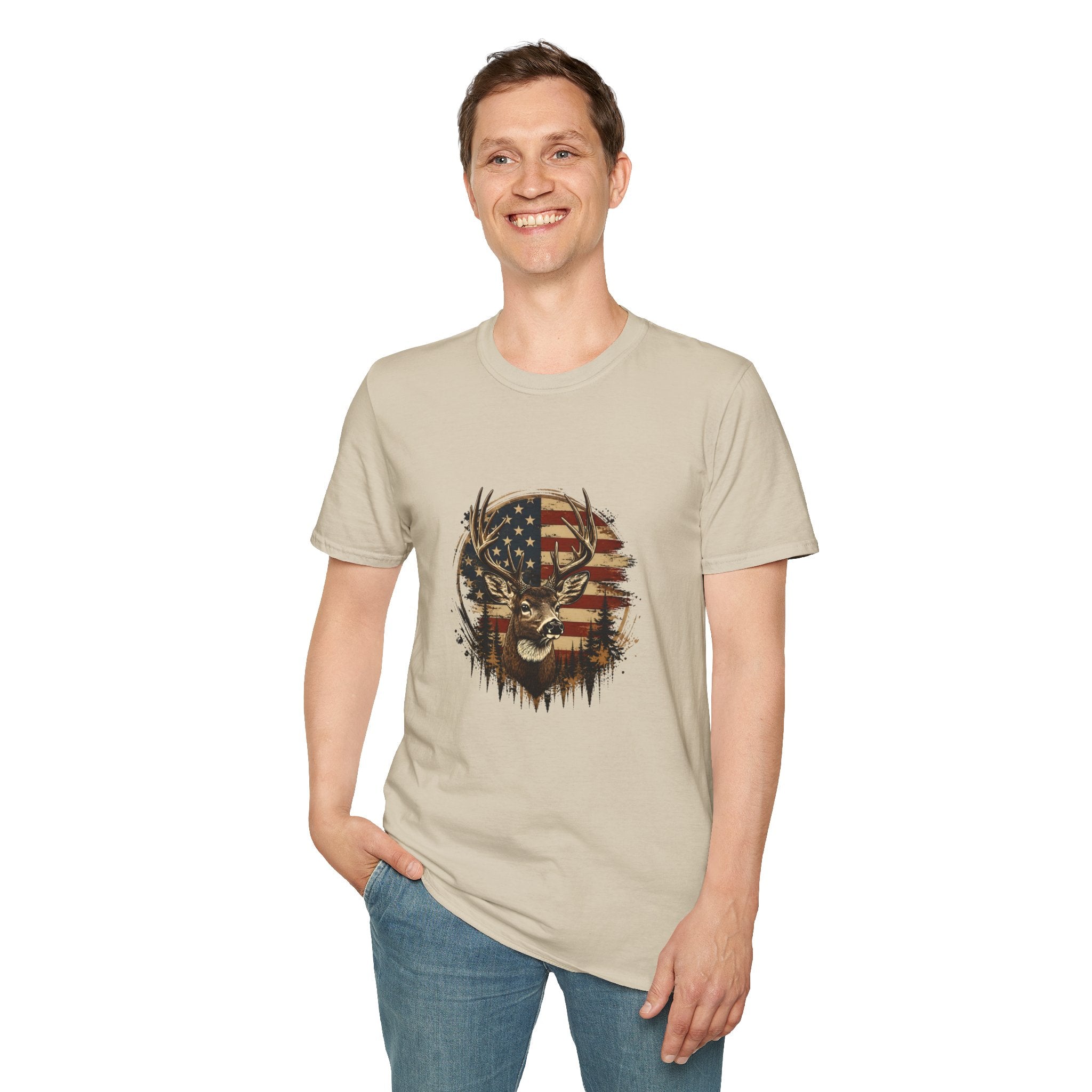 American Flag Deer T-Shirt — Patriotic Buck Gift for Hunters Men's Graphic Tee
