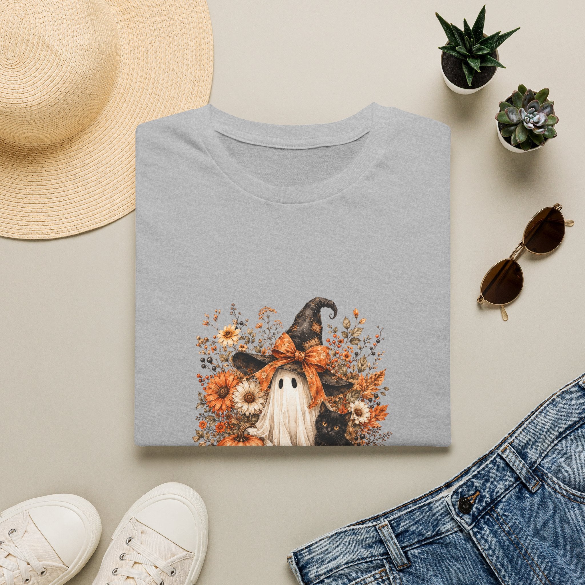 Halloween Witch Ghost & Cat T-Shirt — Cute Spooky Gift for Women Fall Floral Tee