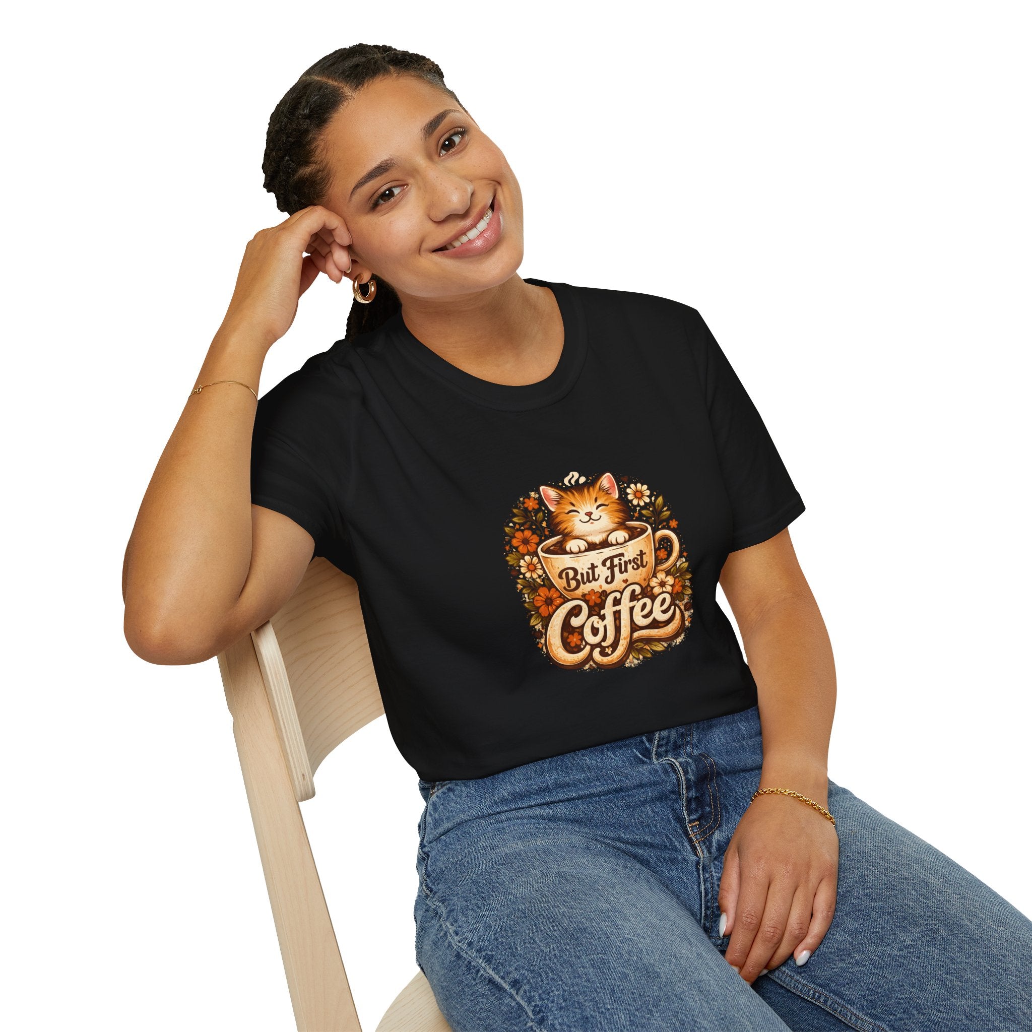 But First Coffee Cat T-Shirt — Cute Floral Gift for Coffee Lovers Women's Tee
