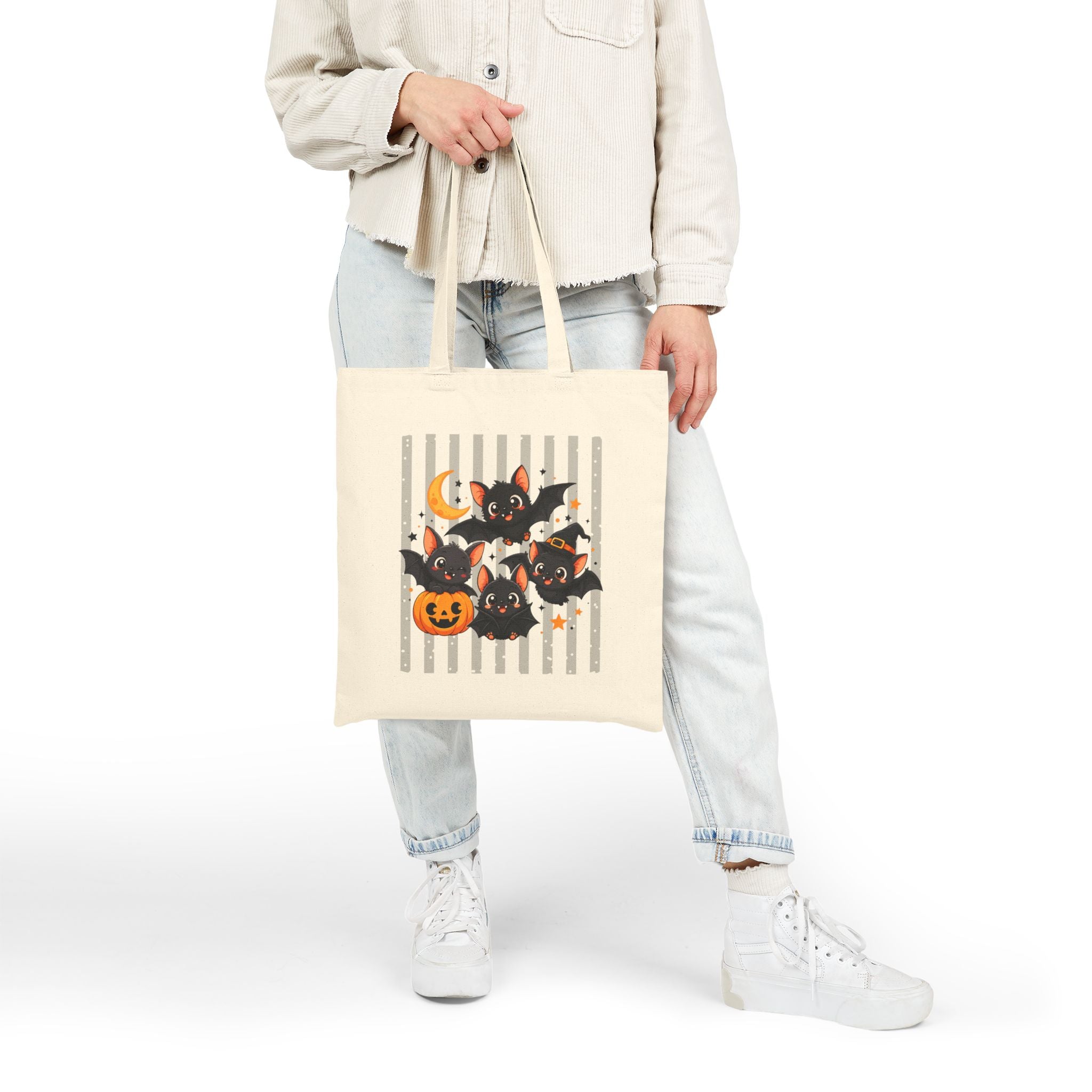 Halloween Bat Pumpkin Canvas Tote Bag — Cute Spooky Gift for Her Cotton Shopper