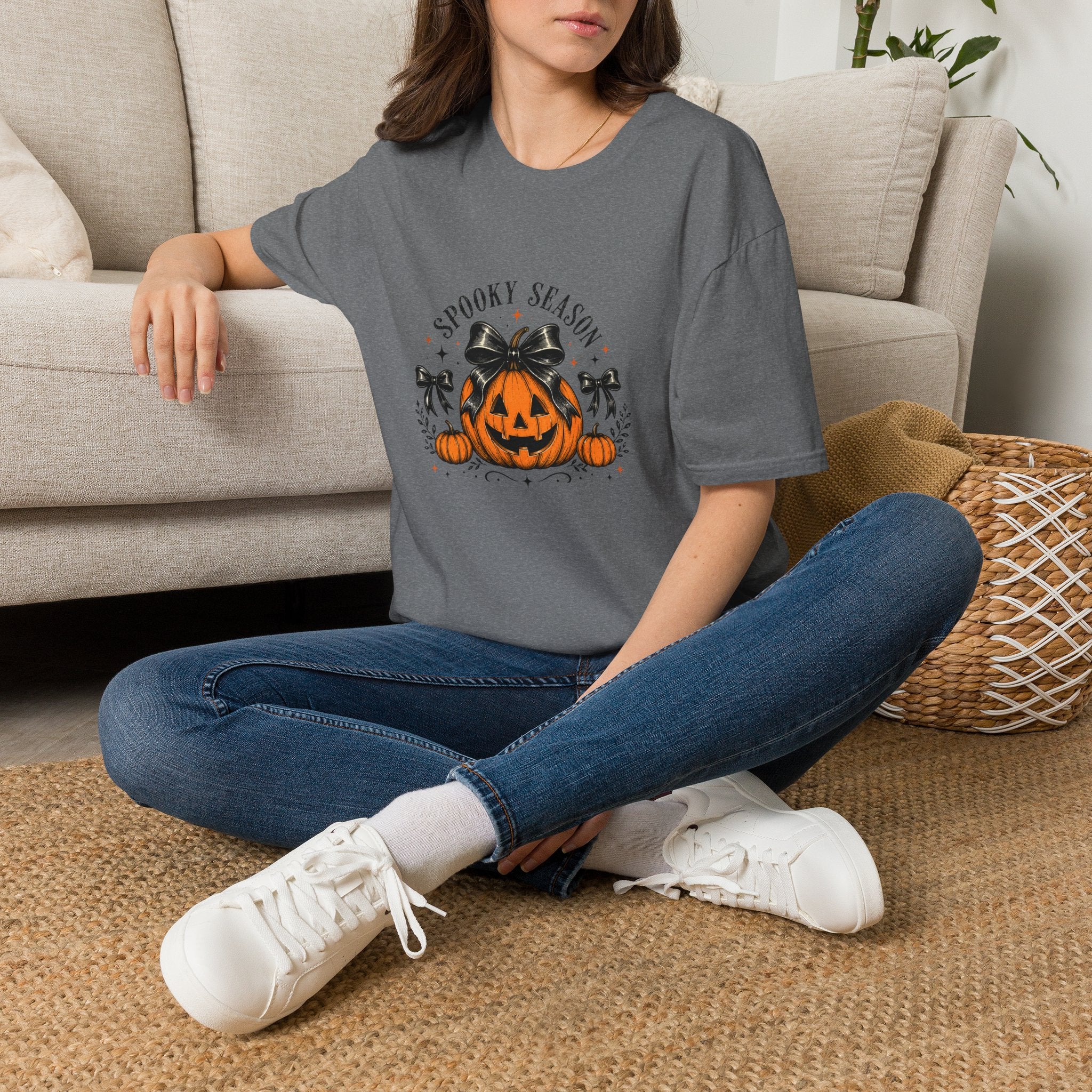 Spooky Season Jack-O'-Lantern Bow T-Shirt — Cute Halloween Gift for Women Graphic Tee