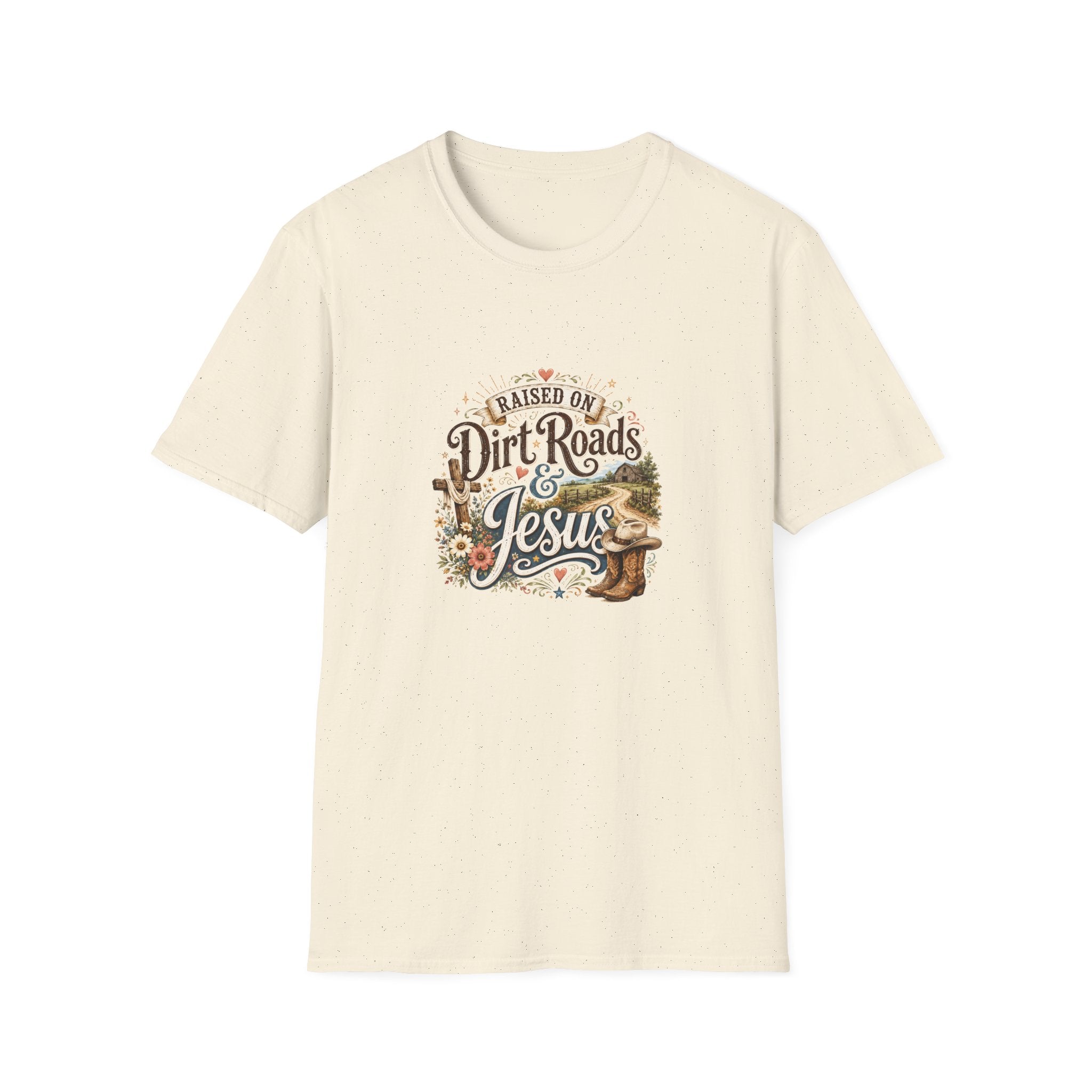 Raised on Dirt Roads & Jesus T-Shirt — Rustic Christian Gift for Women Faith Tee