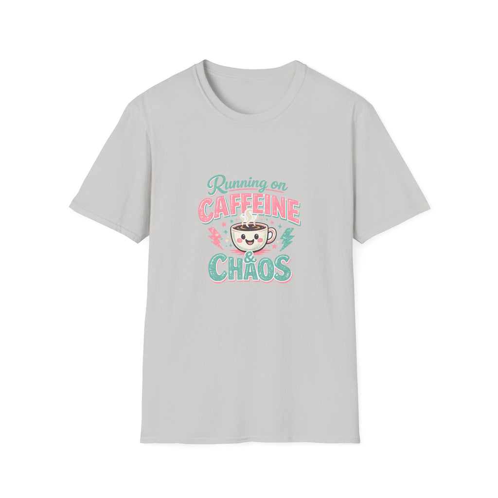 Running on Caffeine & Chaos T-Shirt — Funny Gift for Coffee Loving Moms Graphic Tee