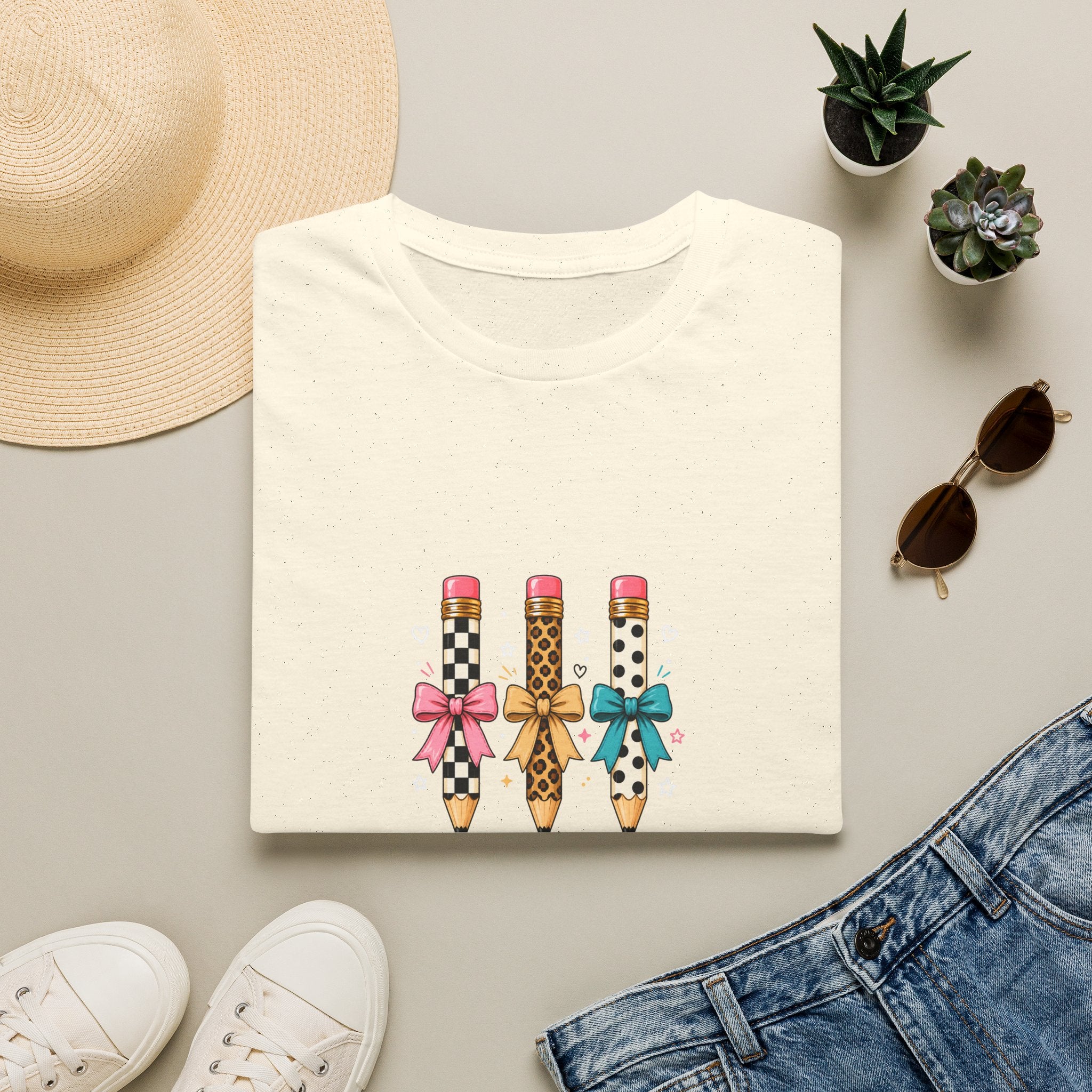 Pencil Trio Graphic T-Shirt — Cute Patterned Pencils with Bows