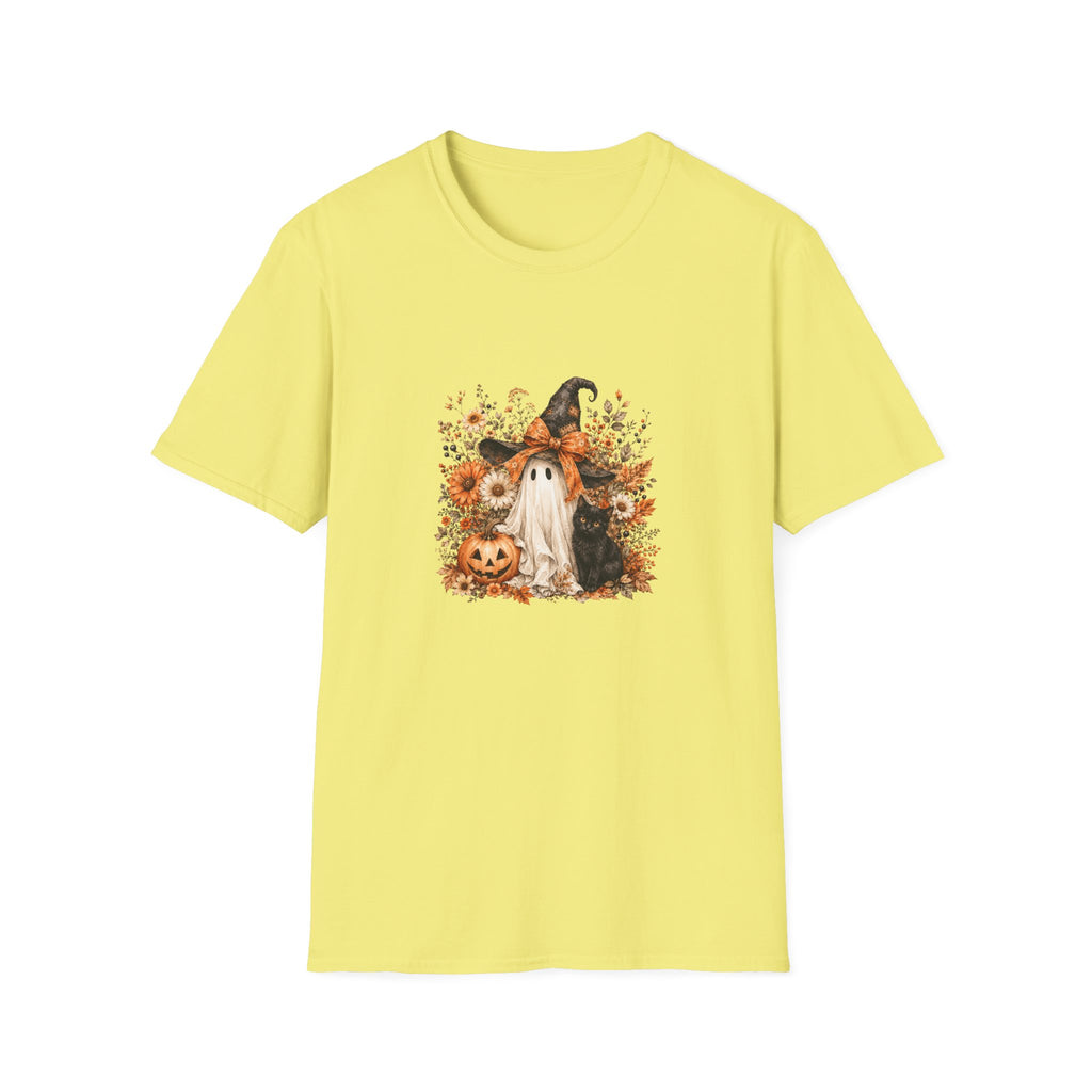 Halloween Witch Ghost & Cat T-Shirt — Cute Spooky Gift for Women Fall Floral Tee