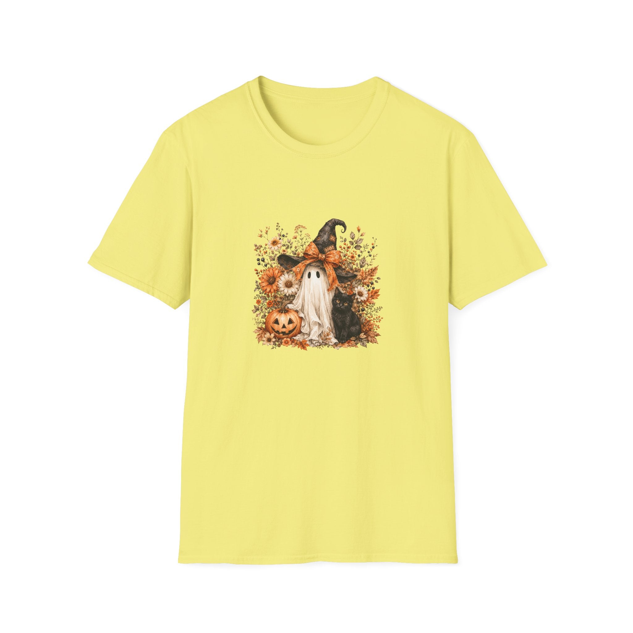Halloween Witch Ghost & Cat T-Shirt — Cute Spooky Gift for Women Fall Floral Tee