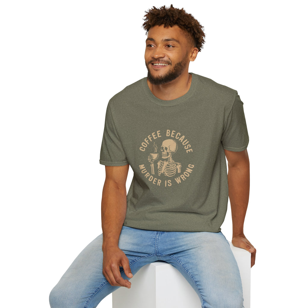 Coffee Because Murder Is Wrong Skull T-Shirt — Funny Dark Humor Gift for Her Graphic Tee