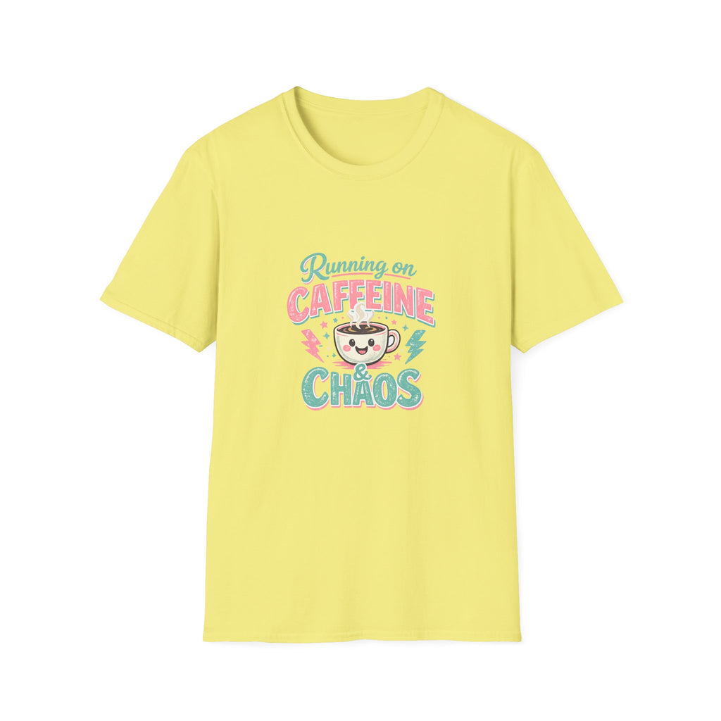 Running on Caffeine & Chaos T-Shirt — Funny Gift for Coffee Loving Moms Graphic Tee