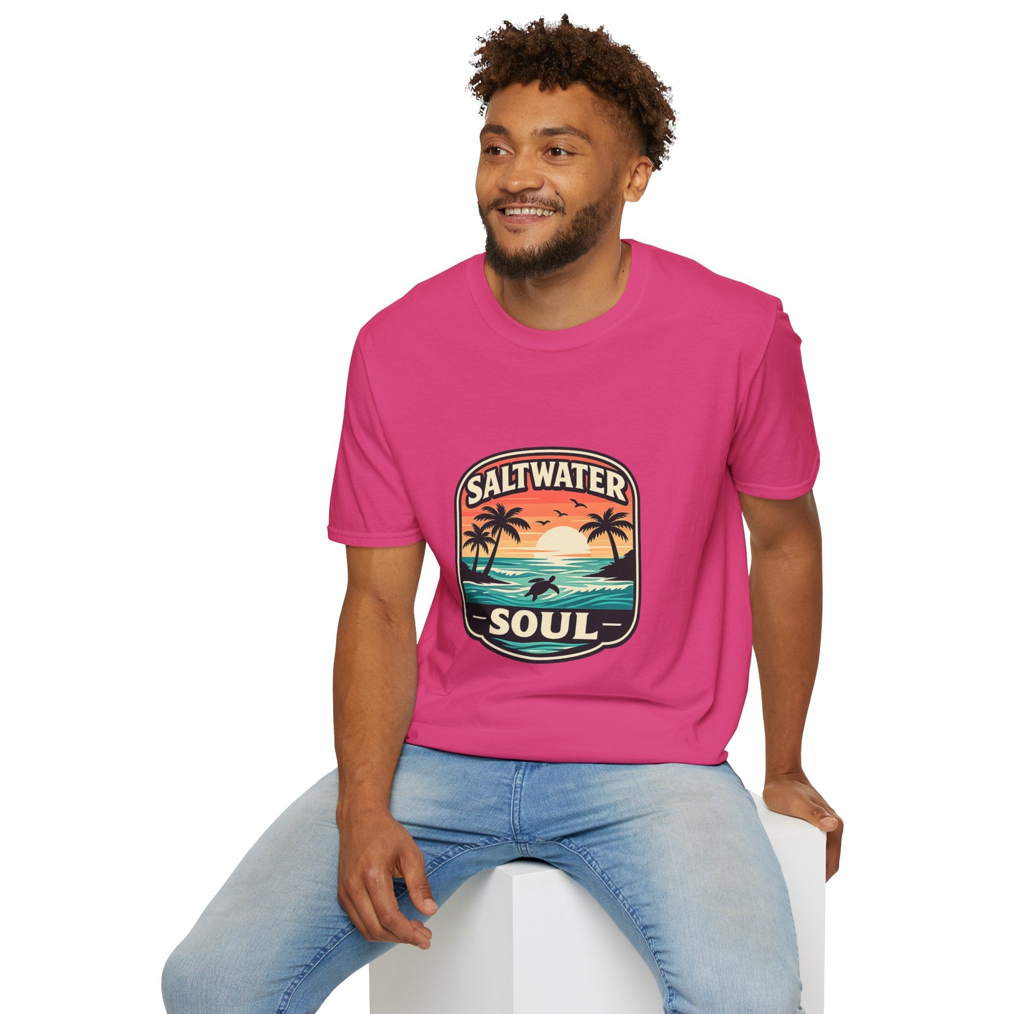Saltwater Soul Retro Beach T-Shirt — Cute Coastal Gift for Women Sunset Palm Tee