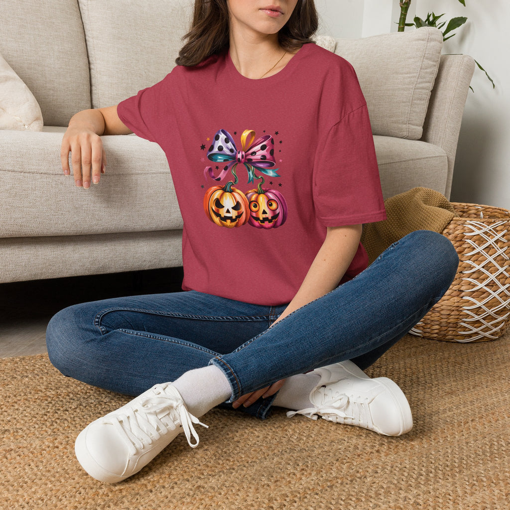 Halloween Pumpkin Bow T-Shirt — Cute Colorful Gift for Women Jack-O'-Lantern Tee