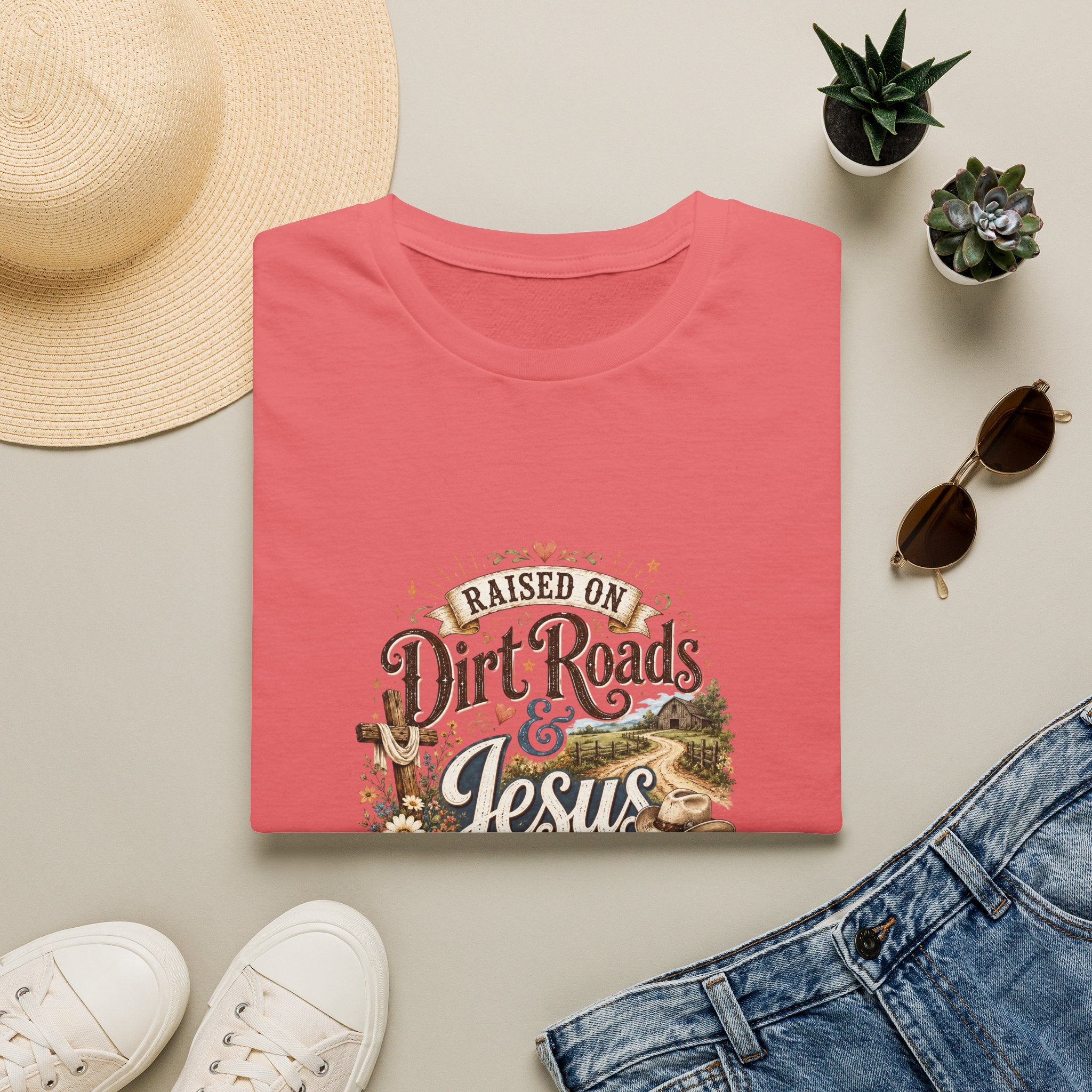 Raised on Dirt Roads & Jesus T-Shirt — Rustic Christian Gift for Women Faith Tee