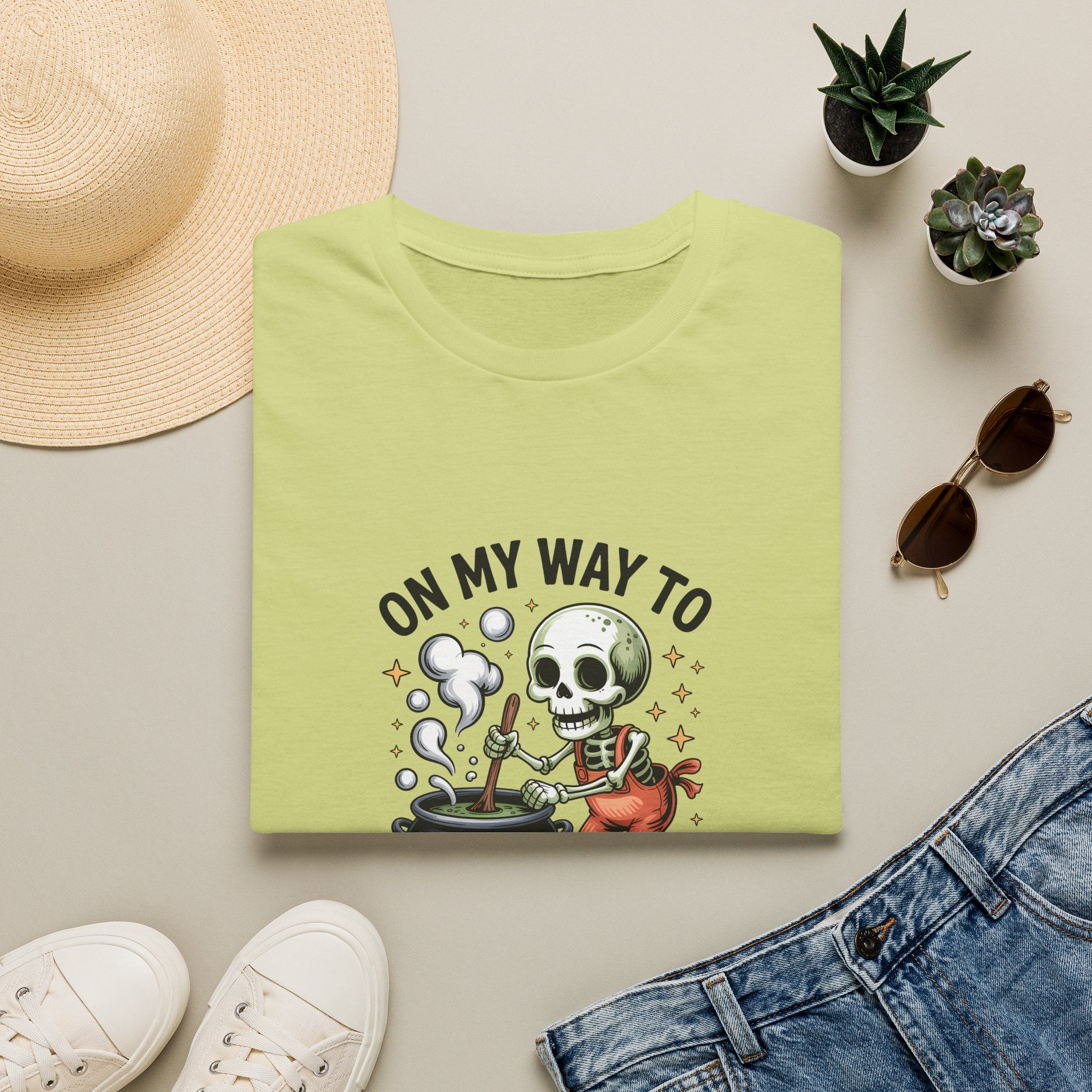 On My Way to Stir the Pot Skeleton T-Shirt — Funny Halloween Gift for Women