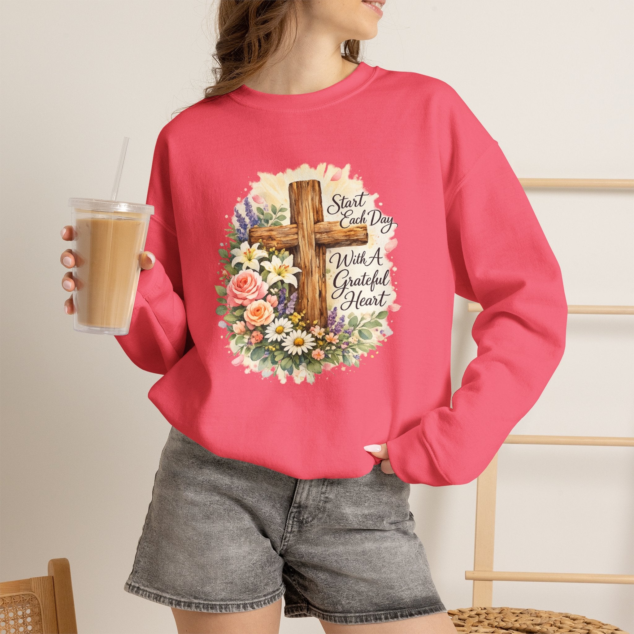 Christian Crewneck Sweatshirt — "Start Each Day with a Grateful Heart" Floral Cross