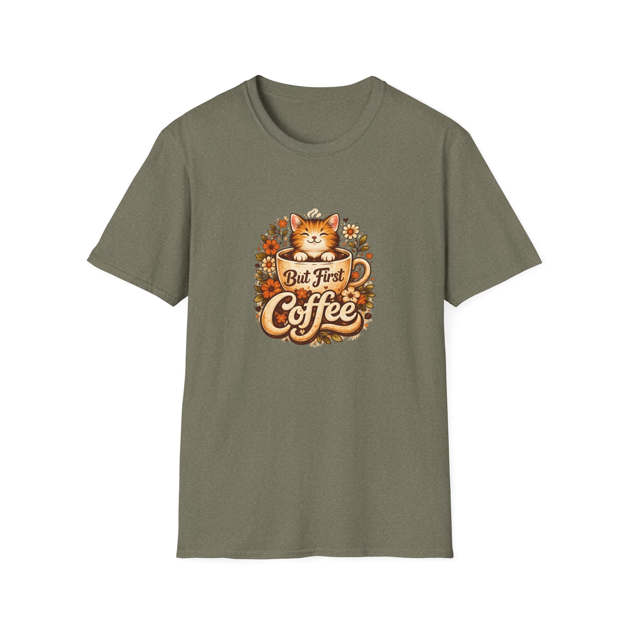 But First Coffee Cat T-Shirt — Cute Floral Gift for Coffee Lovers Women's Tee