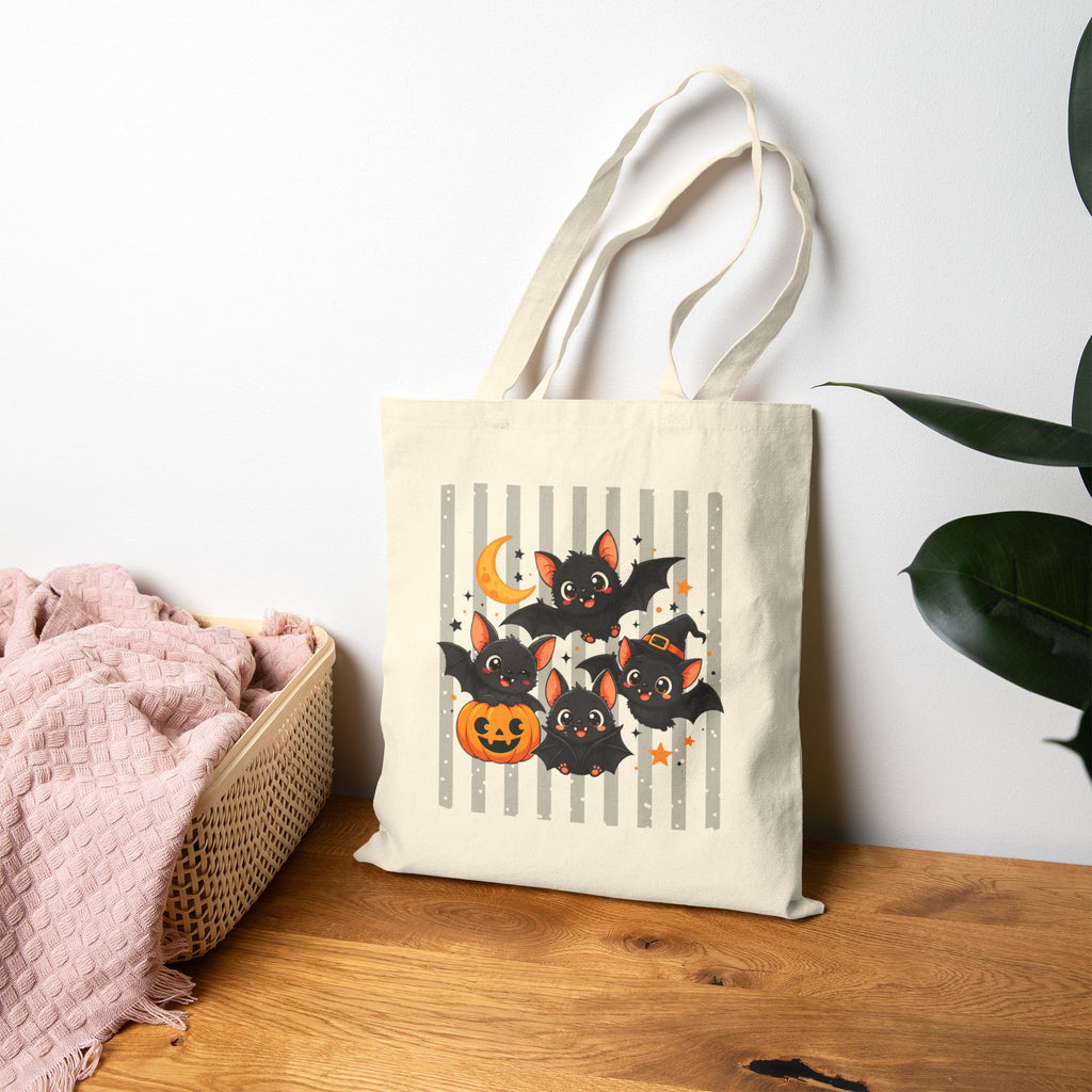 Halloween Bat Pumpkin Canvas Tote Bag — Cute Spooky Gift for Her Cotton Shopper