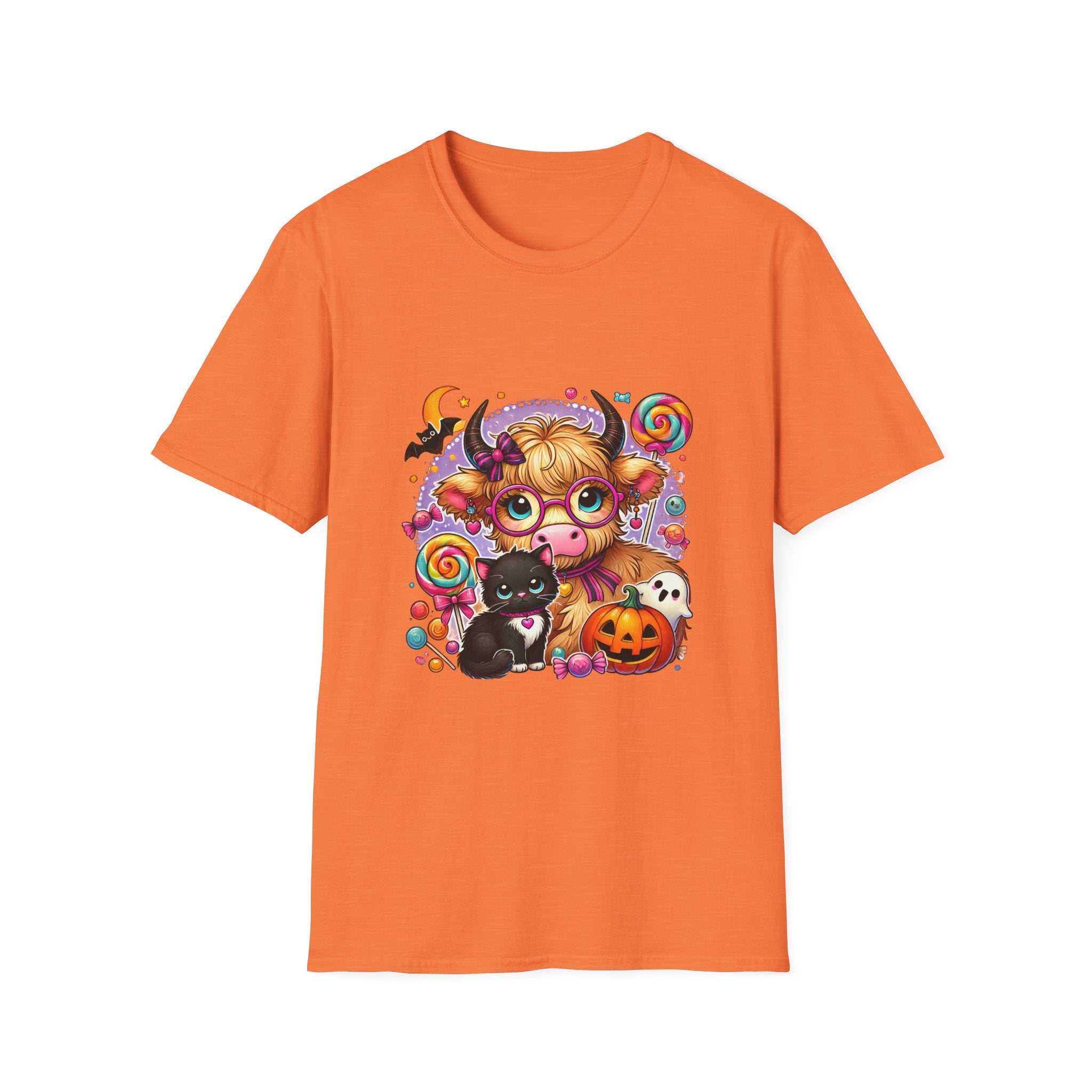 Cute Halloween Cow T-Shirt — Funny Gift for Her Candy Pumpkins & Kitty Costume Tee