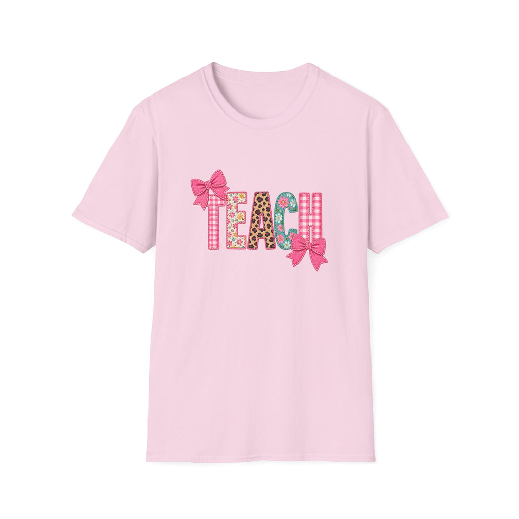 Floral Leopard TEACH T-Shirt — Cute Back-to-School Gift for Teachers Pink Bow Tee
