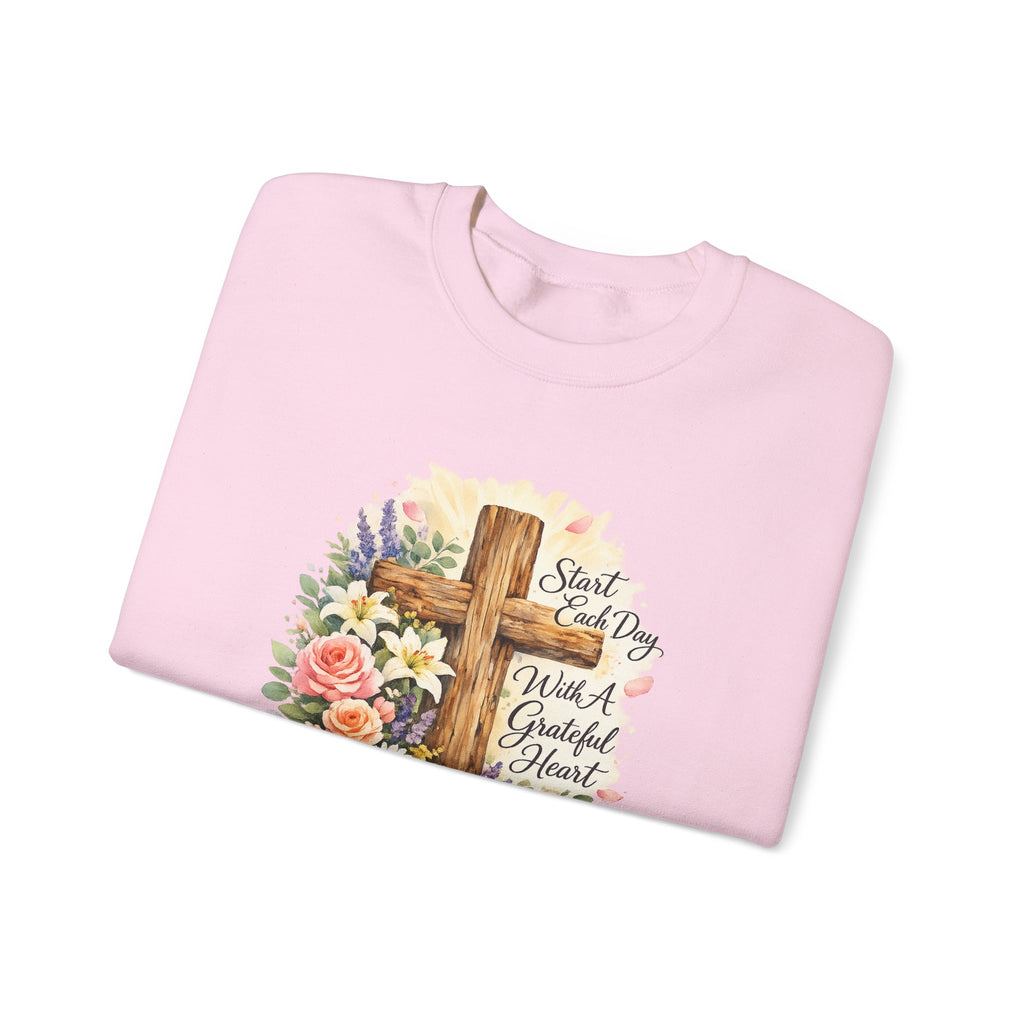 Christian Crewneck Sweatshirt — "Start Each Day with a Grateful Heart" Floral Cross