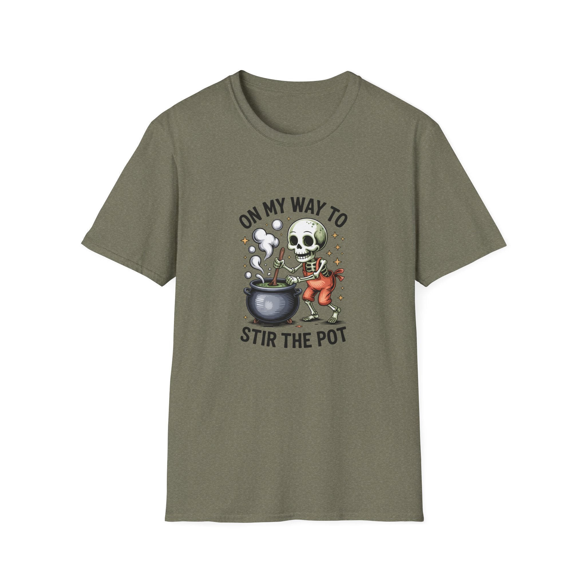 On My Way to Stir the Pot Skeleton T-Shirt — Funny Halloween Gift for Women