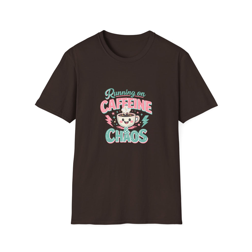 Running on Caffeine & Chaos T-Shirt — Funny Gift for Coffee Loving Moms Graphic Tee