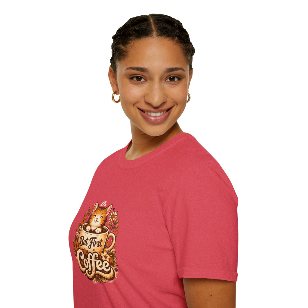 But First Coffee Cat T-Shirt — Cute Floral Gift for Coffee Lovers Women's Tee