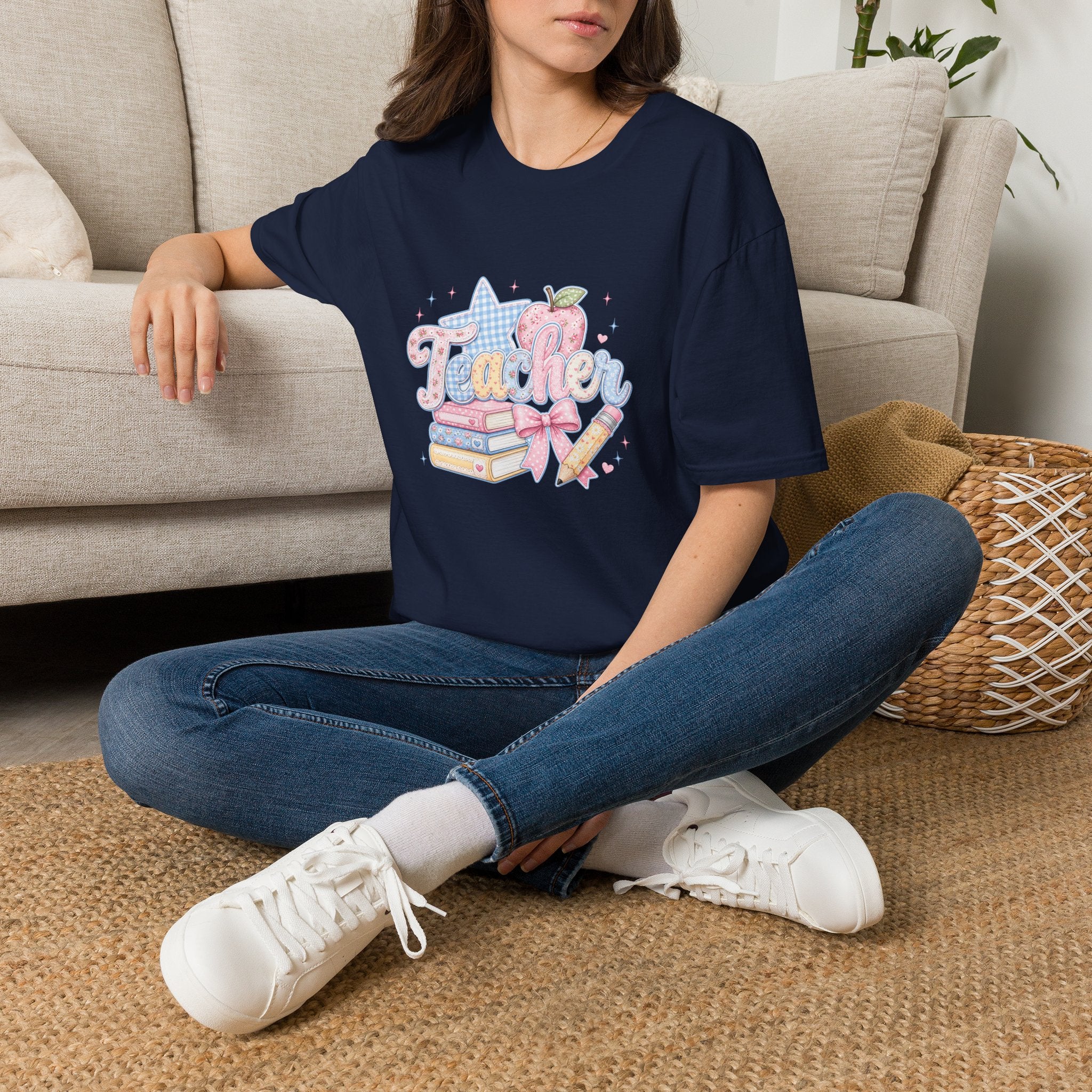 Cute Pastel Apple & Books Teacher T-Shirt — Funny Back-to-School Gift Graphic Tee