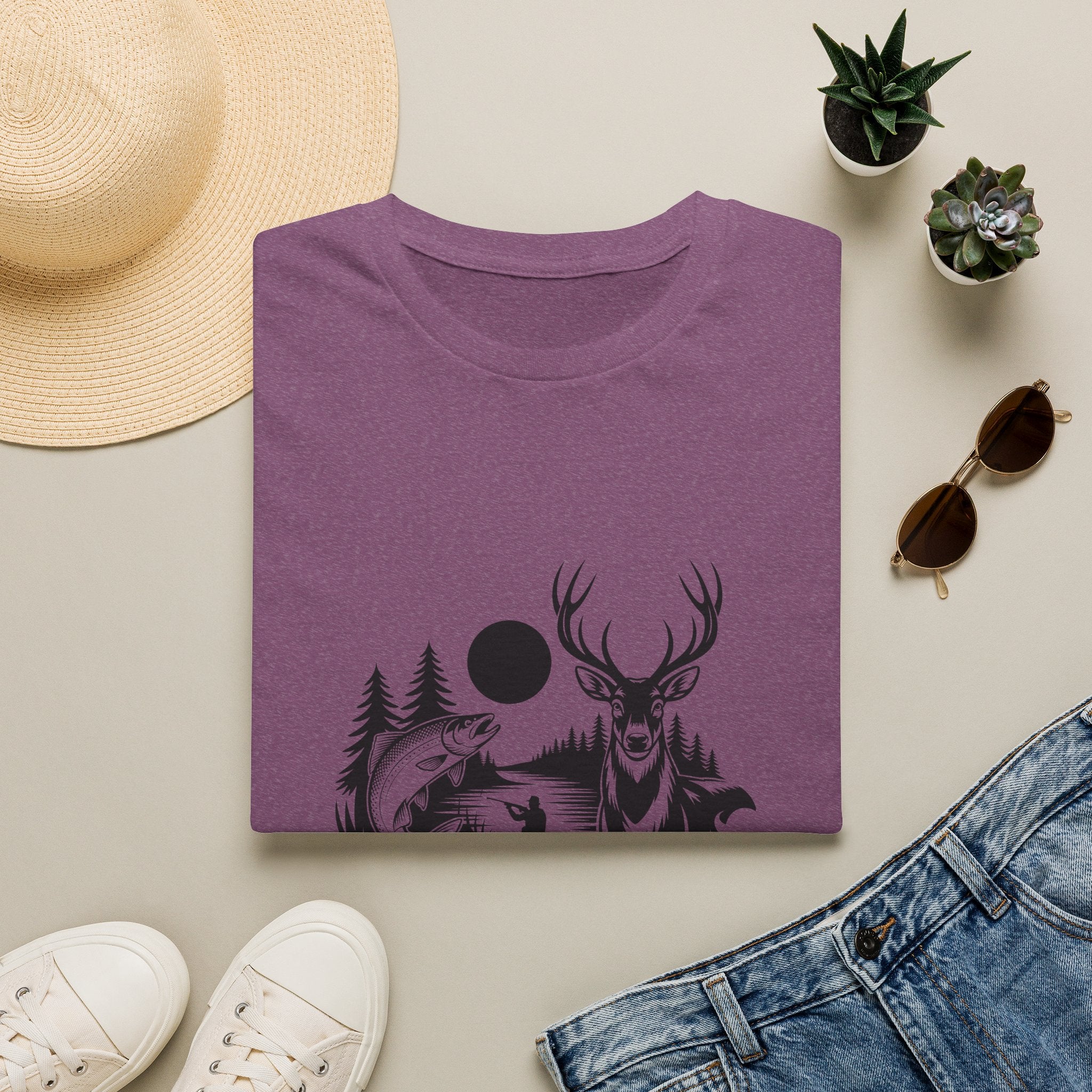 Deer & Fish Forest Silhouette T-Shirt — Rustic Outdoor Gift for Hunters Graphic Tee