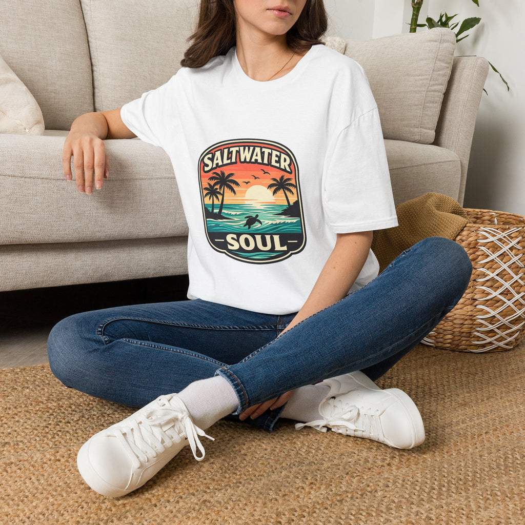 Saltwater Soul Retro Beach T-Shirt — Cute Coastal Gift for Women Sunset Palm Tee