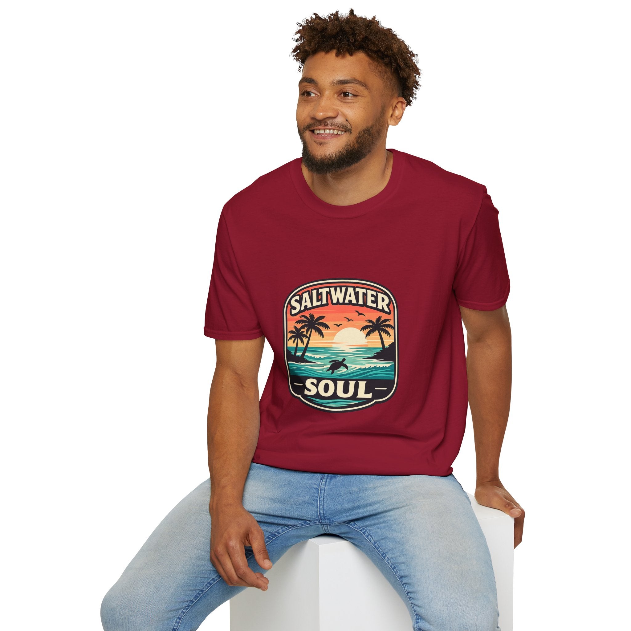 Saltwater Soul Retro Beach T-Shirt — Cute Coastal Gift for Women Sunset Palm Tee