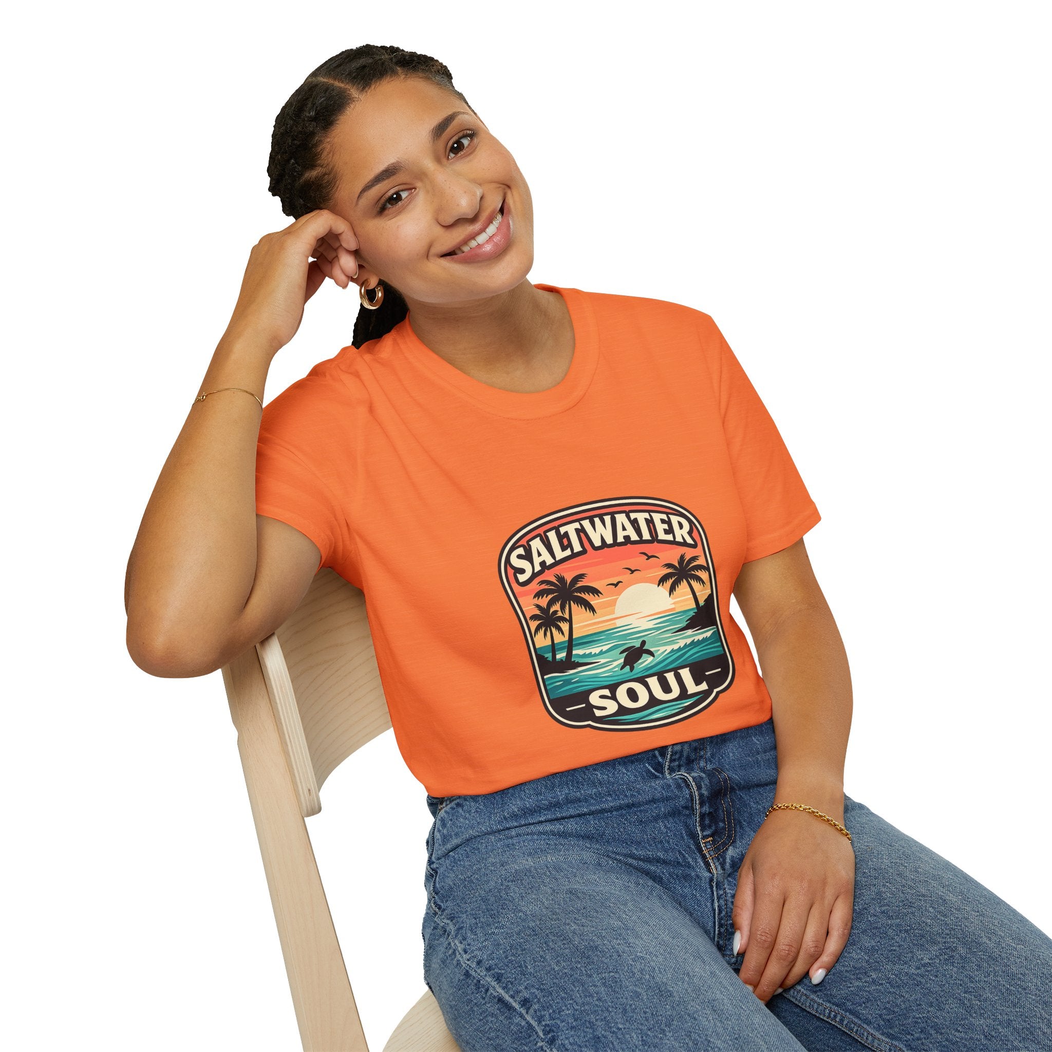 Saltwater Soul Retro Beach T-Shirt — Cute Coastal Gift for Women Sunset Palm Tee