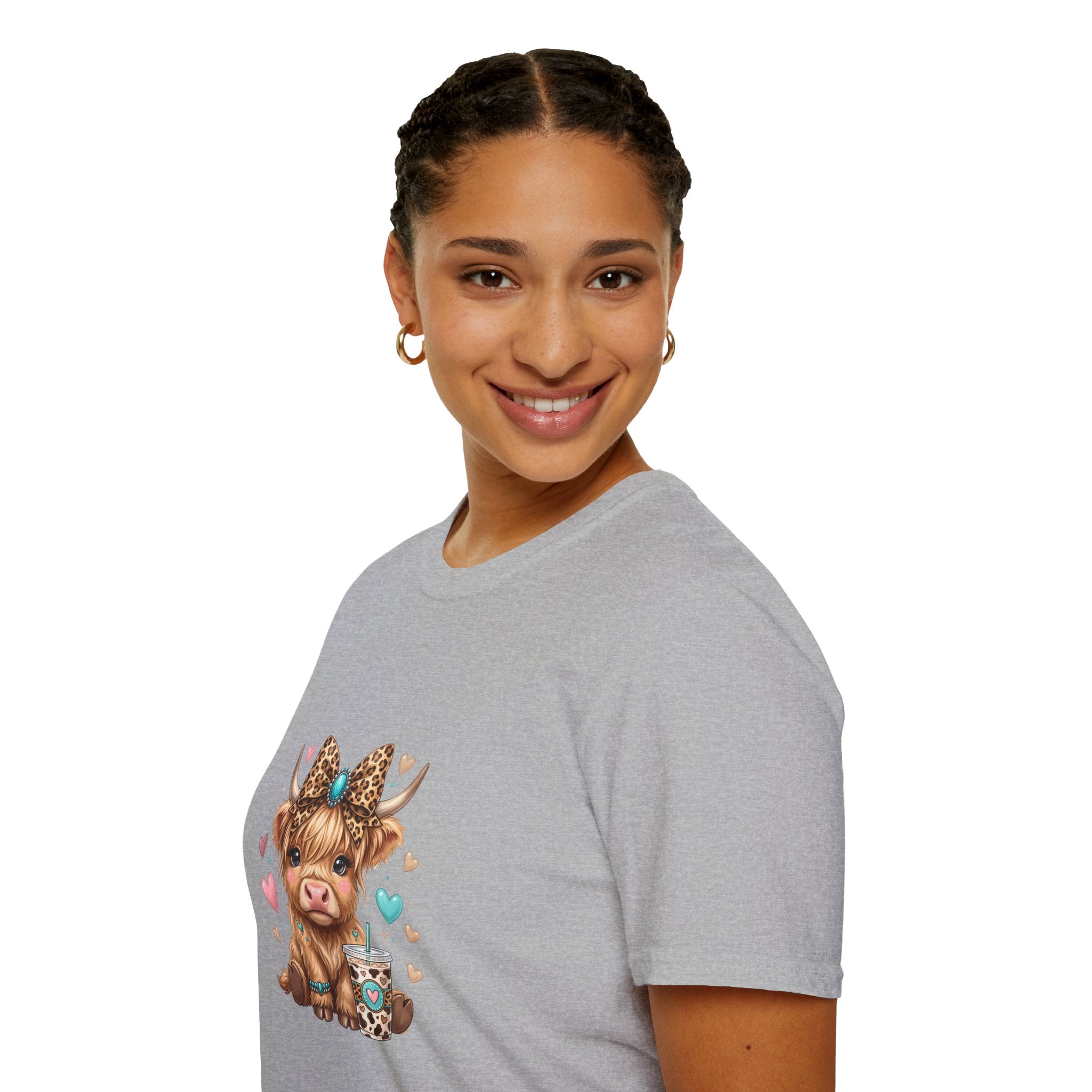 Highland Cow Leopard Bow T-Shirt — Cute Funny Gift for Her Hearts Graphic Tee