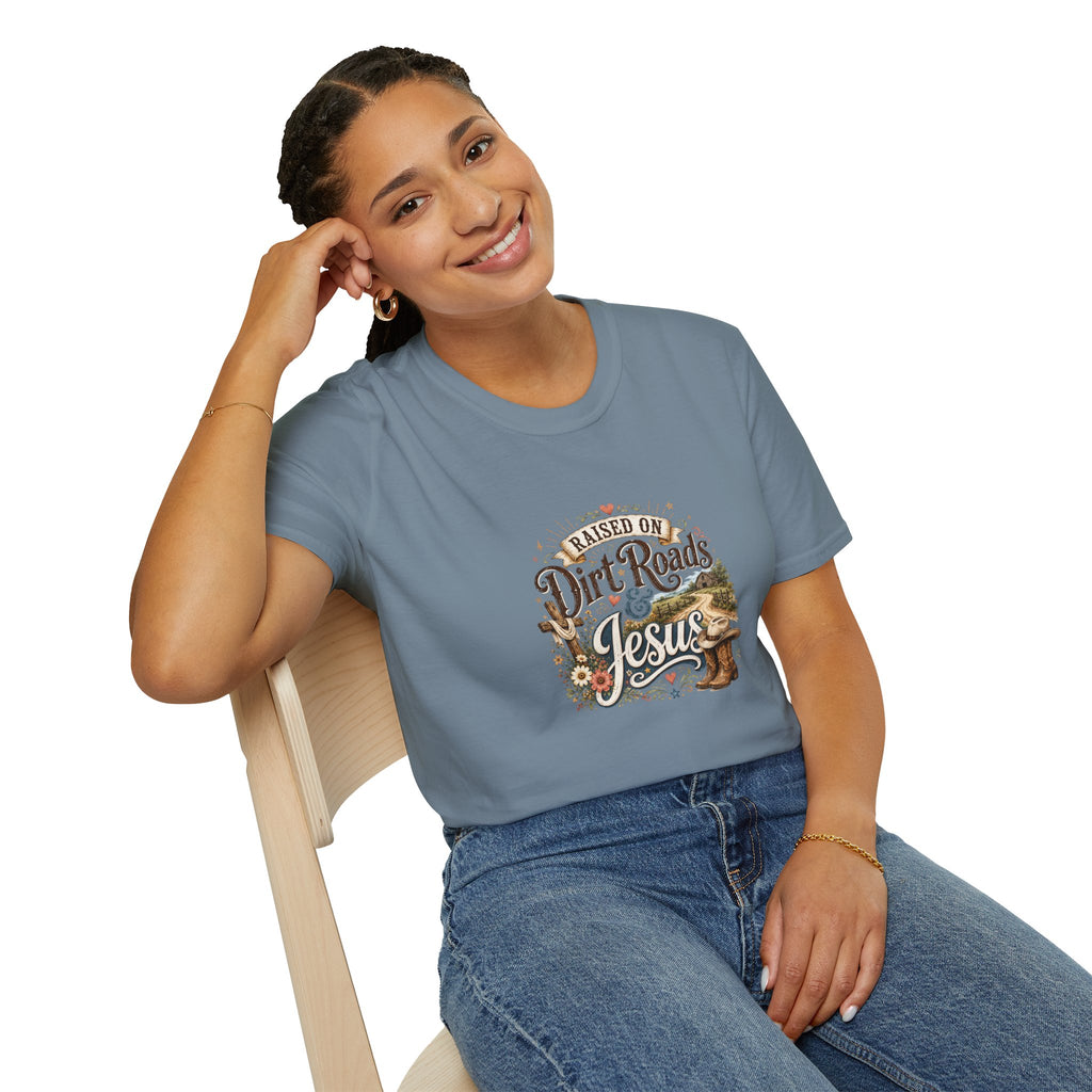 Raised on Dirt Roads & Jesus T-Shirt — Rustic Christian Gift for Women Faith Tee